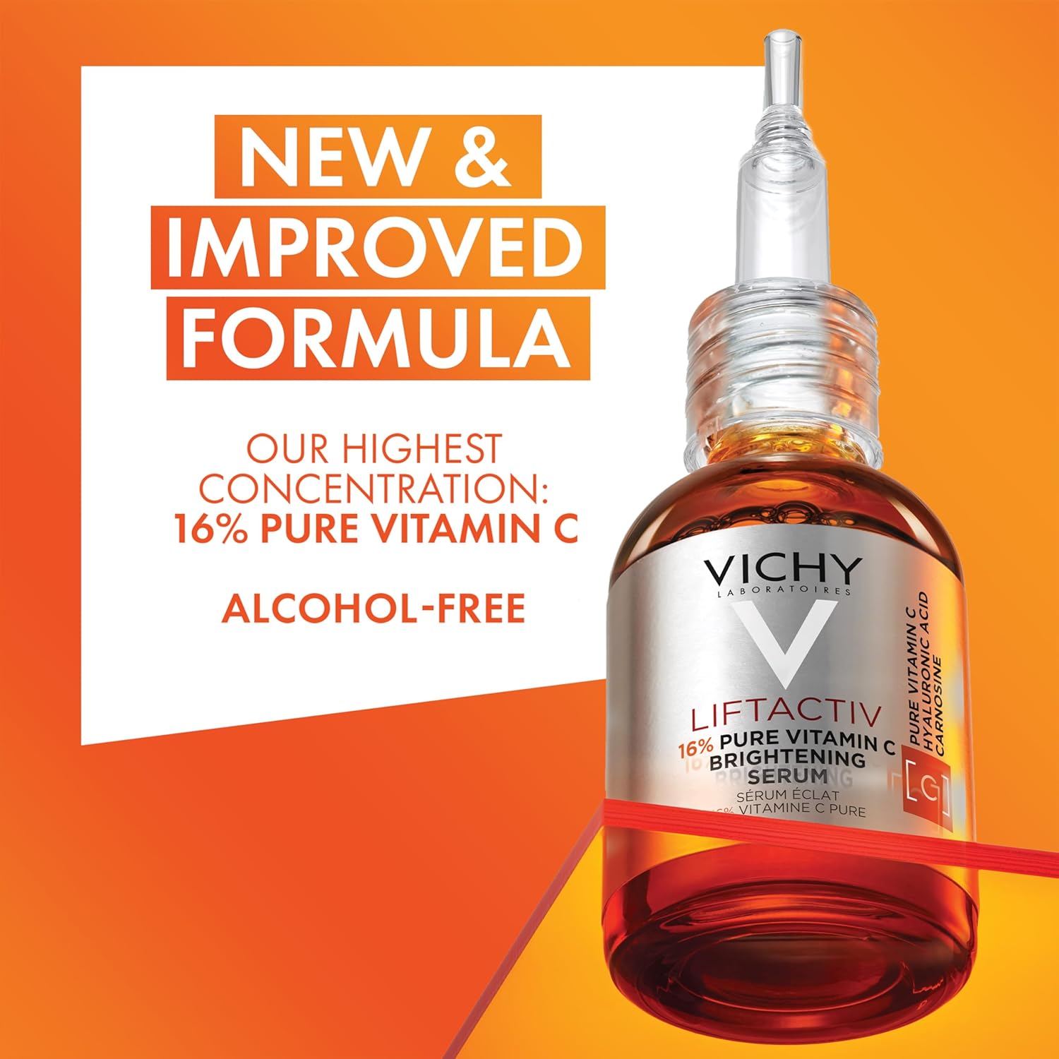 Elefair Vichy LiftActiv Vitamin C Face Serum bottle with brightening skincare formula and orange accents on the packaging.