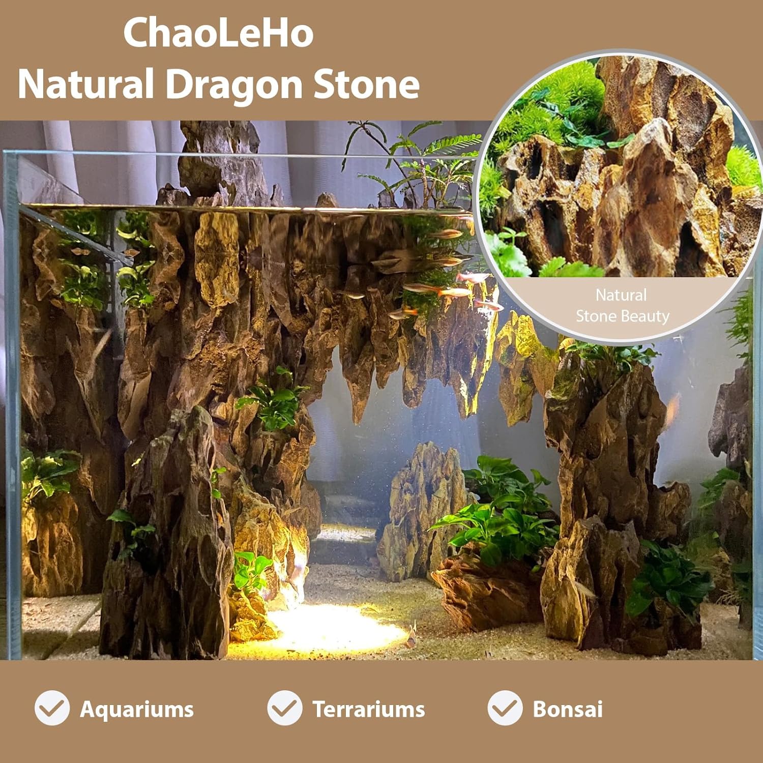 Natural dragon stone for aquariums, hardscape rock by ChaoLeHo, showing textured, irregular surface ideal for fish tanks and aquatic decor.