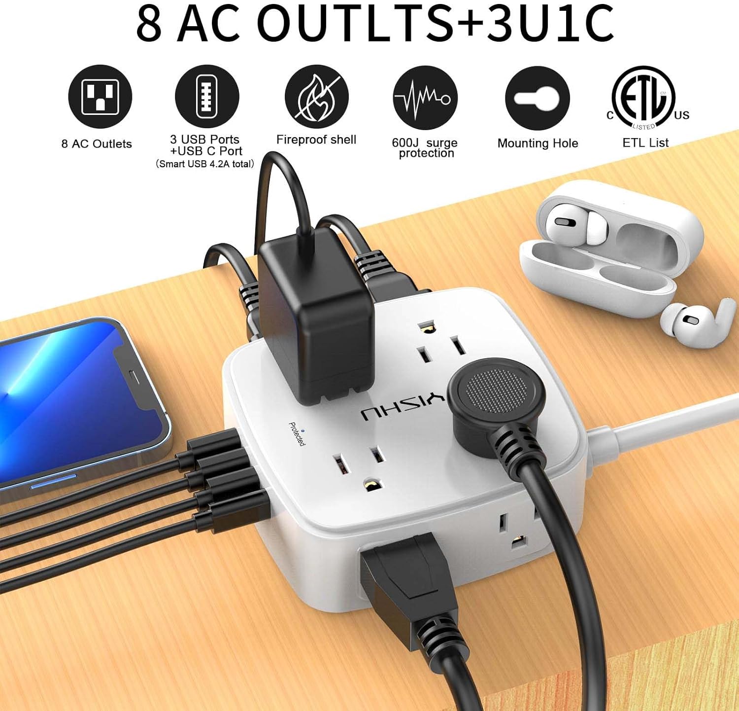 6 Ft Surge Protector Power Strip - 8 Widely Outlets with 4 USB Ports, 3 Side Outlet