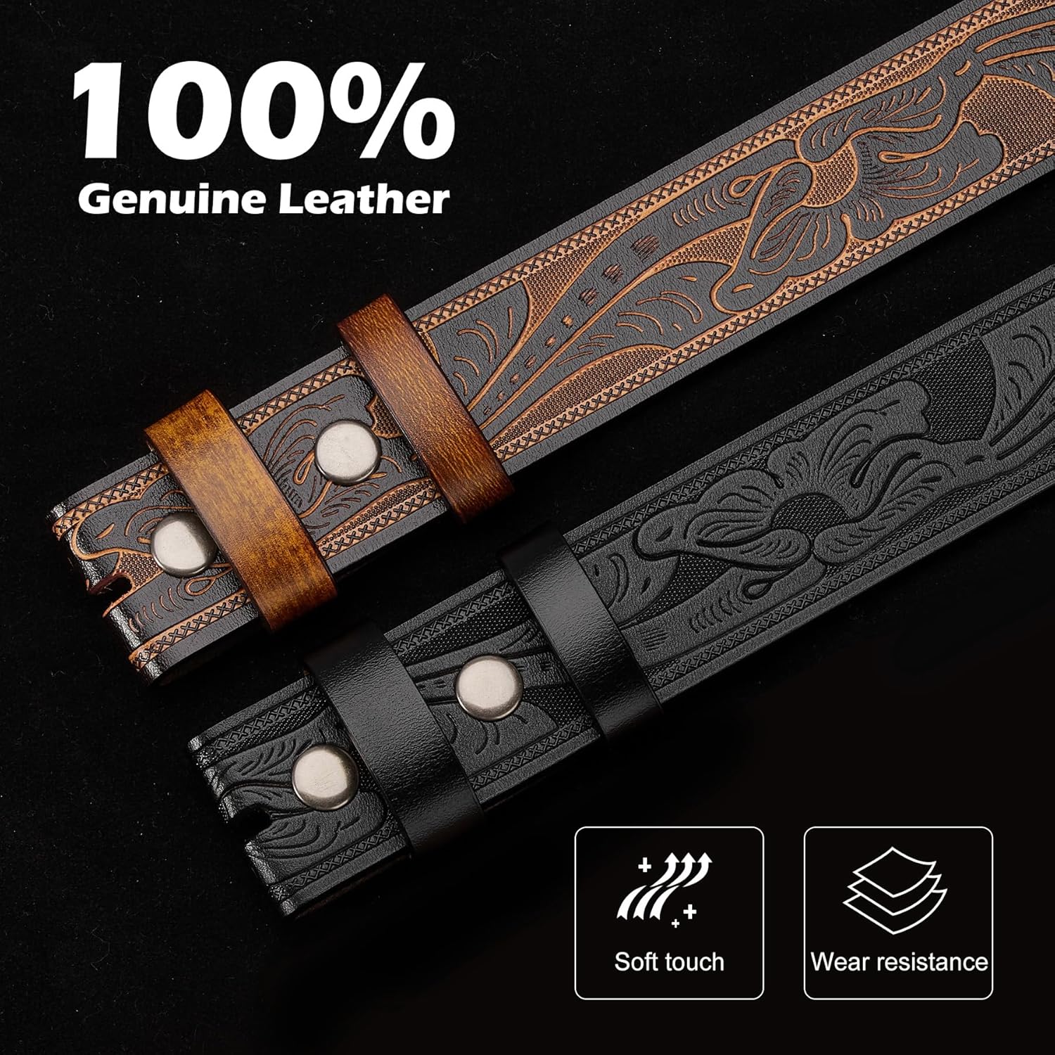 BISON DENIM men's western cowboy belt with printed engraved buckle and leather strap, showcasing rugged western style.