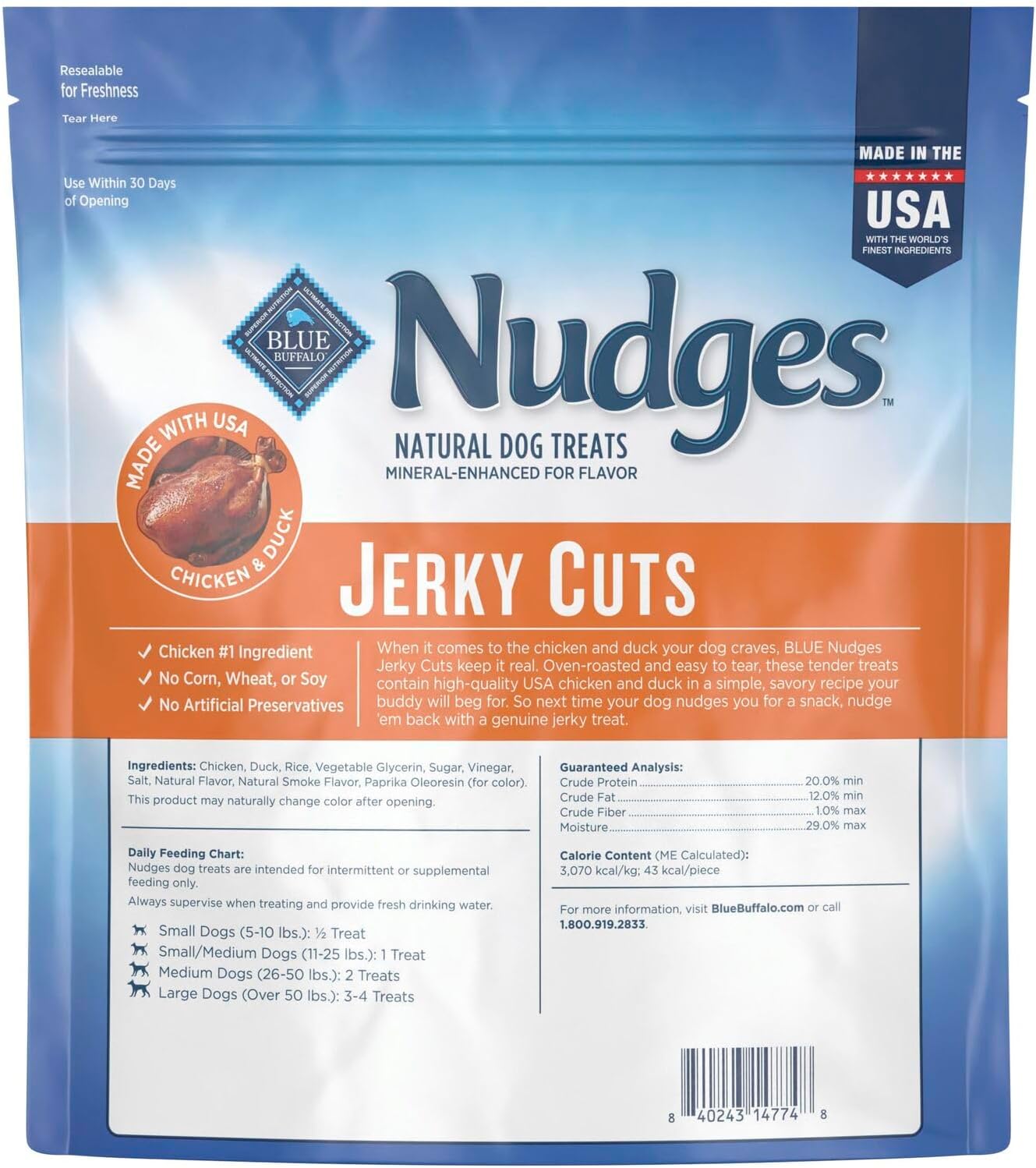 Blue Buffalo Nudges Jerky Cuts dog treats in natural, blue-colored packaging, made in the USA, with visible jerky strips inside.