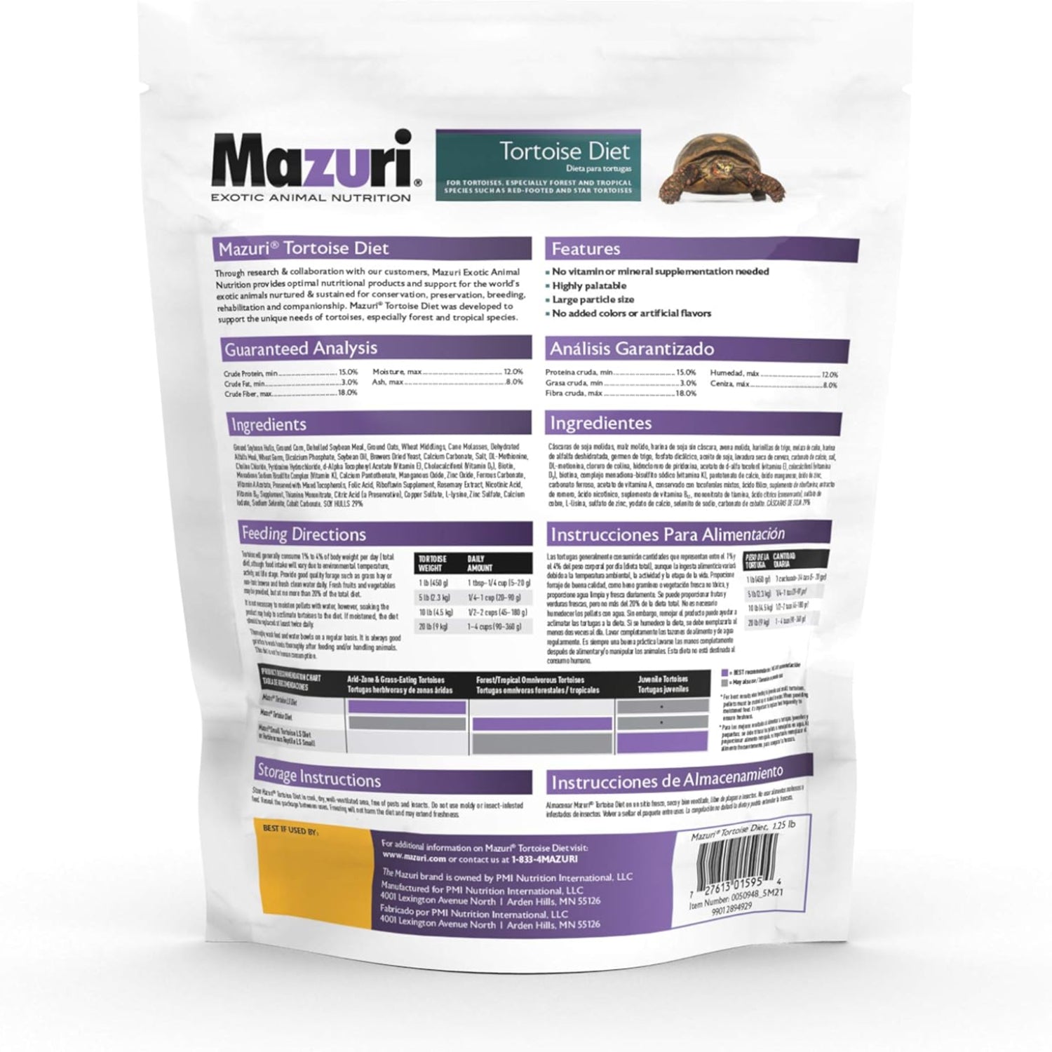 Mazuri tortoise diet in a 1.25 pound bag showing the product packaging with the Mazuri logo and label.