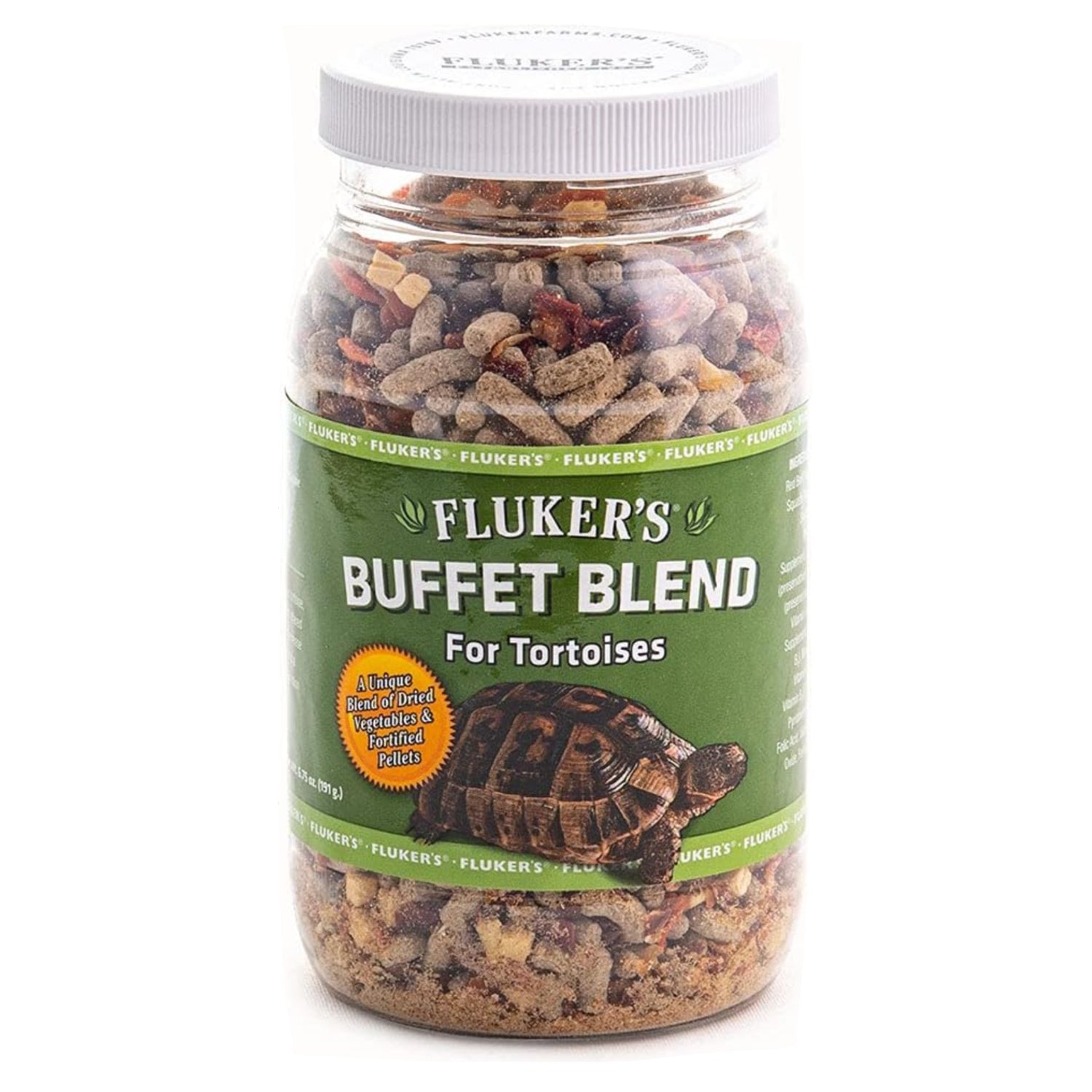 Fluker's Buffet Blend Tortoise Diet with vegetables and fortified pellets in a 6.75 oz package, ideal for tortoise nutrition.