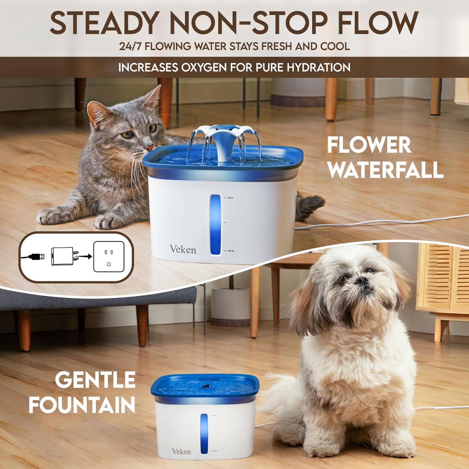 Veken 95oz automatic cat water fountain with a sleek design, featuring a water stream and filtration system for fresh pet hydration.