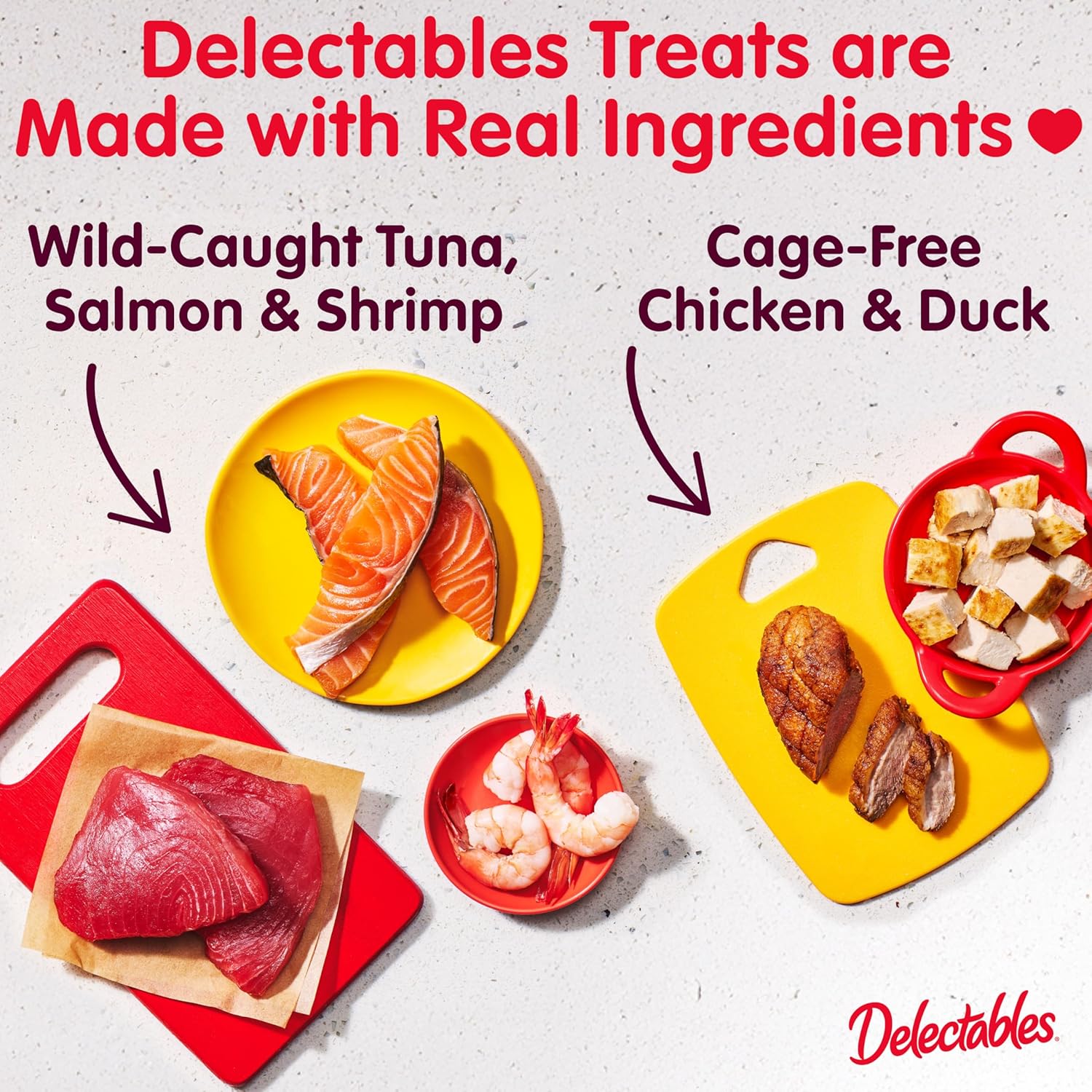 Delectables Lickable Spoon wet cat treats with real chicken and salmon, 20-pack, showing the packaged treats and spoon.