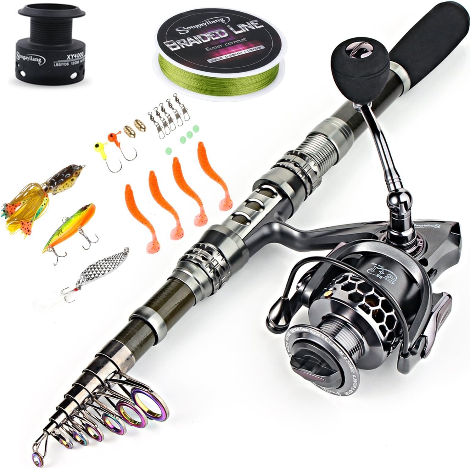 Sougayilang fishing rod reel combo with telescopic fishing pole, spinning reel, and carrier bag for saltwater and freshwater fishing.