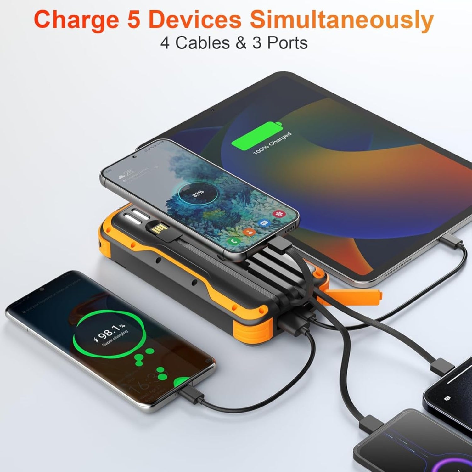 SOXONO solar charger power bank with 40000mAh capacity, PD 20W fast charging external battery, portable and eco-friendly.