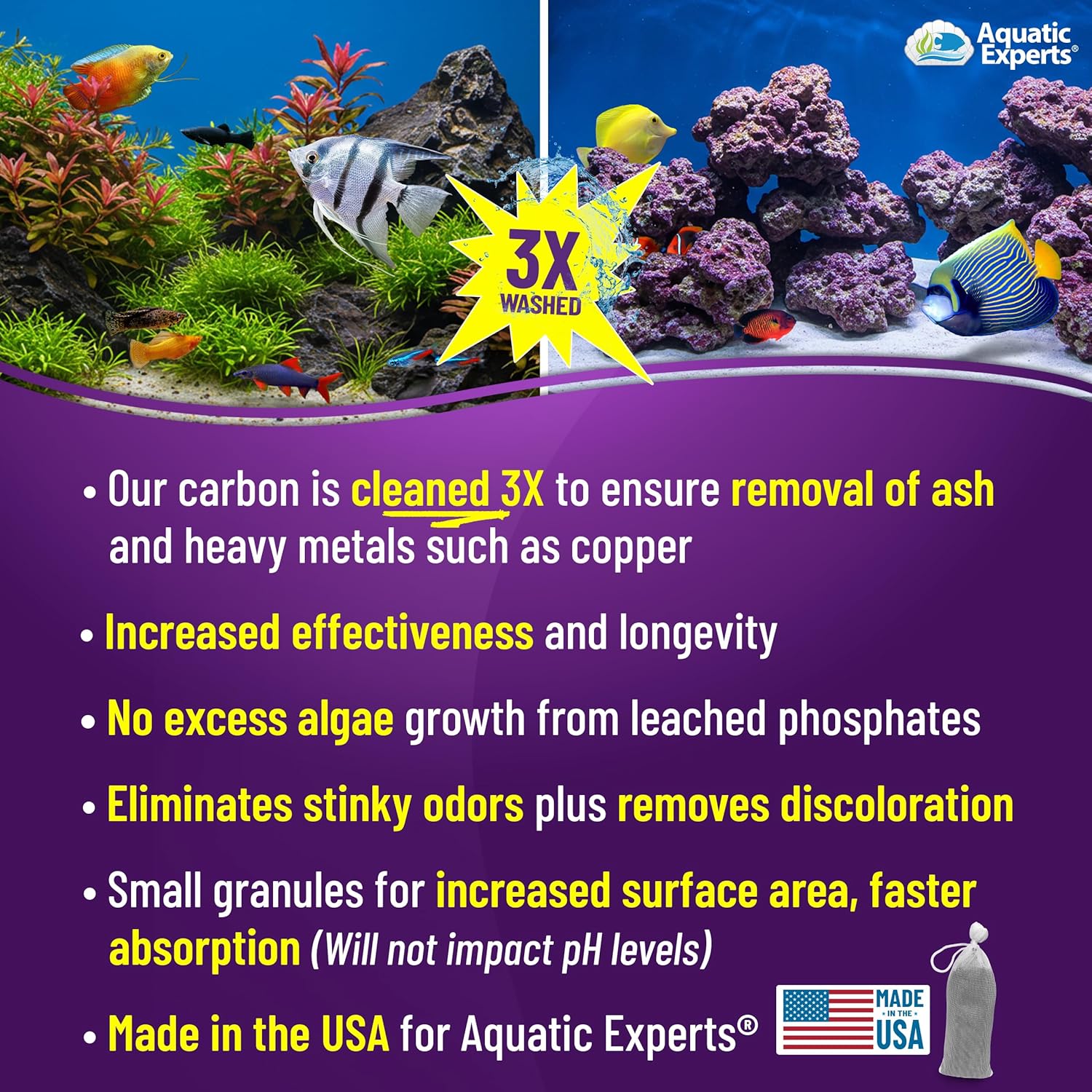Aquatic Experts premium activated carbon for fish tank filter, aquarium filter media for clear, clean water in aquariums.