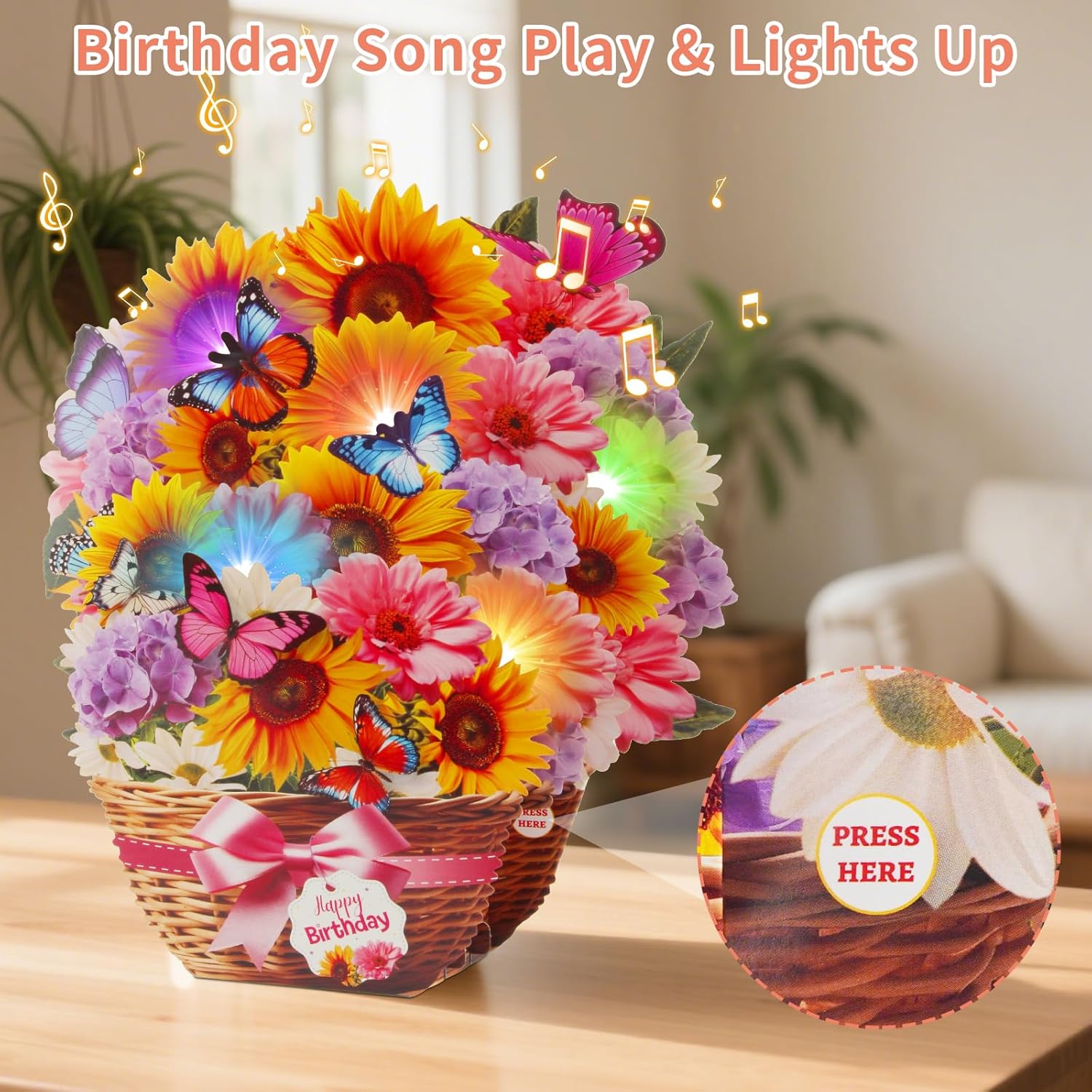 MZD8391 birthday card with pop-up design, featuring music and lights for a festive, interactive birthday greeting.