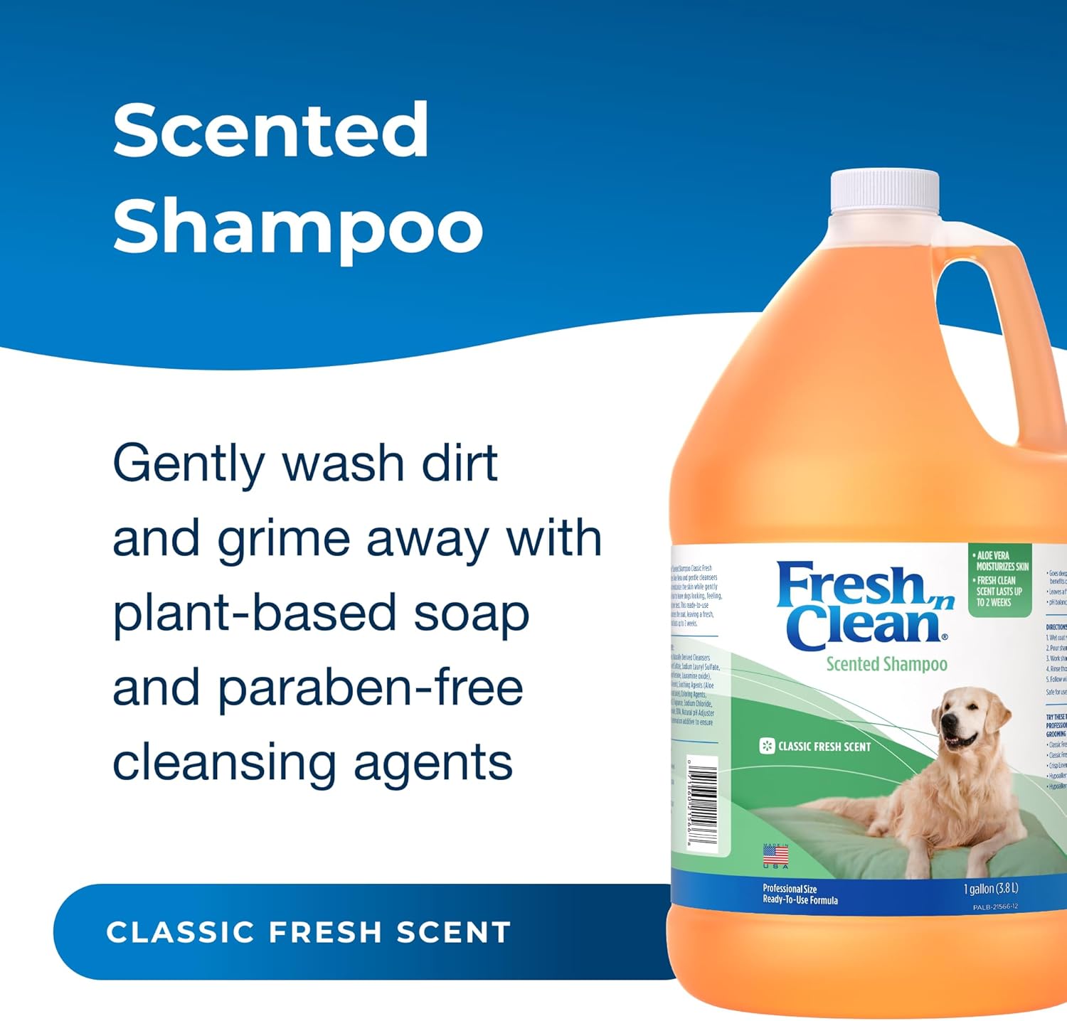 PetAg Fresh ’n Clean Scented Shampoo for pets, classic fresh scent, 1-gallon bottle with pump dispenser on white background.