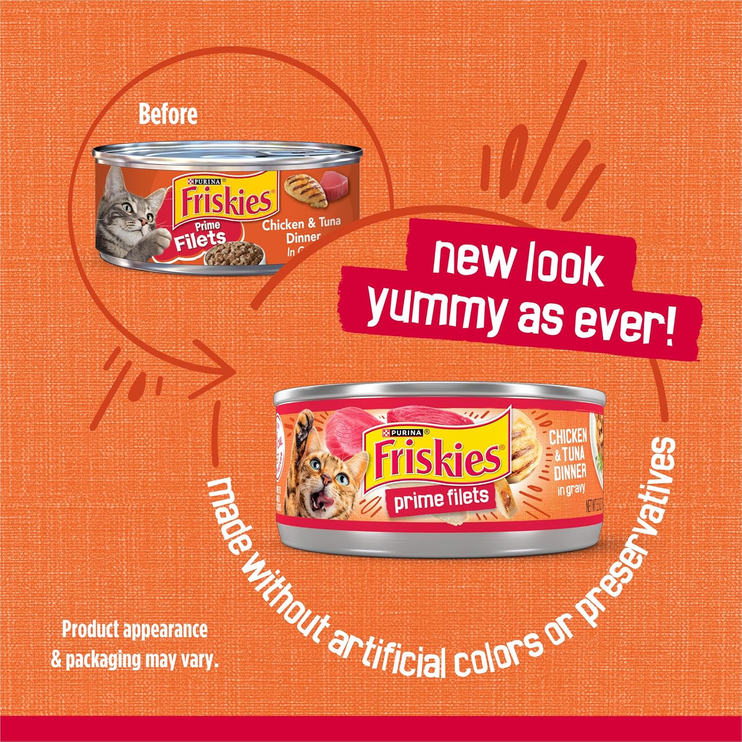 Canned Friskies Prime Filets chicken and tuna dinner in gravy for cats, showing the wet cat food with tender meat pieces.