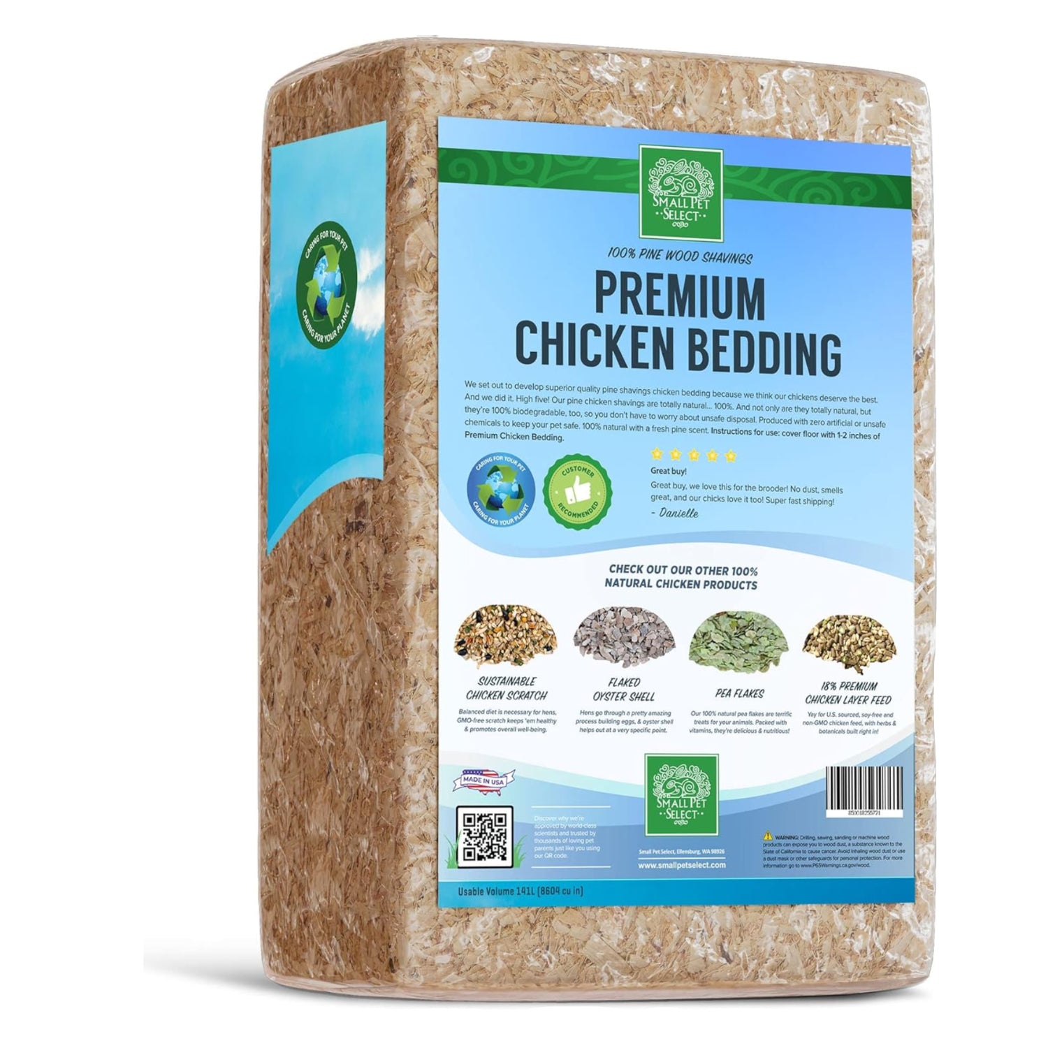 Small Pet Select pine shavings for chicken bedding, showing natural wood shavings inside a chicken coop bedding container.