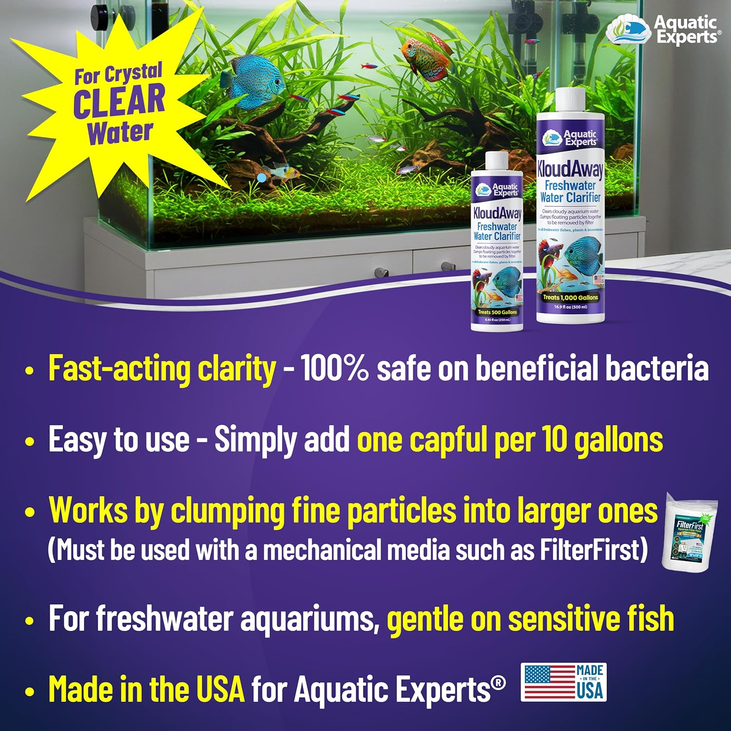 Aquatic Experts KloudAway freshwater aquarium water clarifier bottle with label, designed to clear cloudy fish tank water.