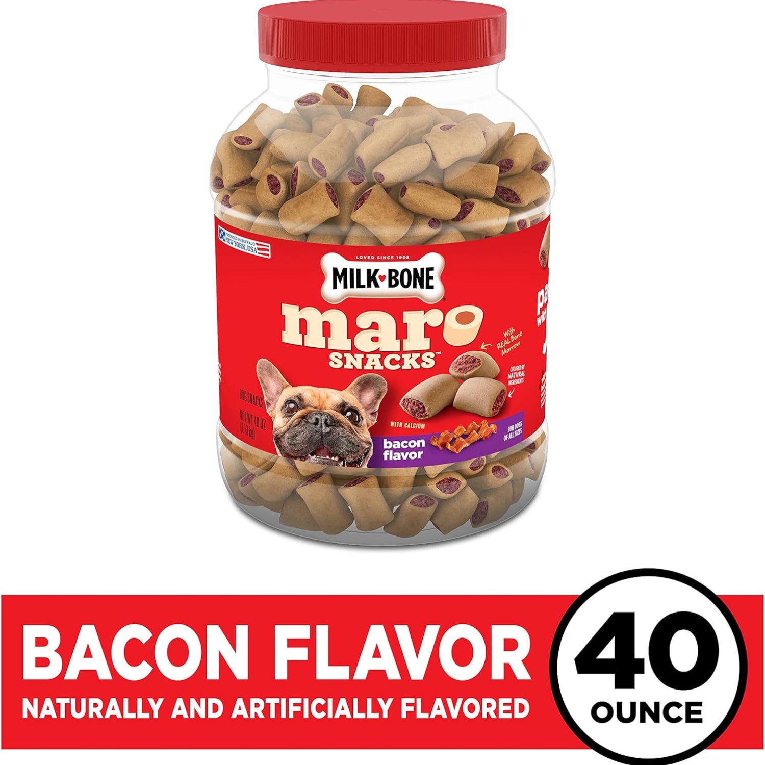 Milk-Bone MaroSnacks Bacon Flavor small dog treats with bone marrow in a 40-ounce package, showing the treats and packaging.