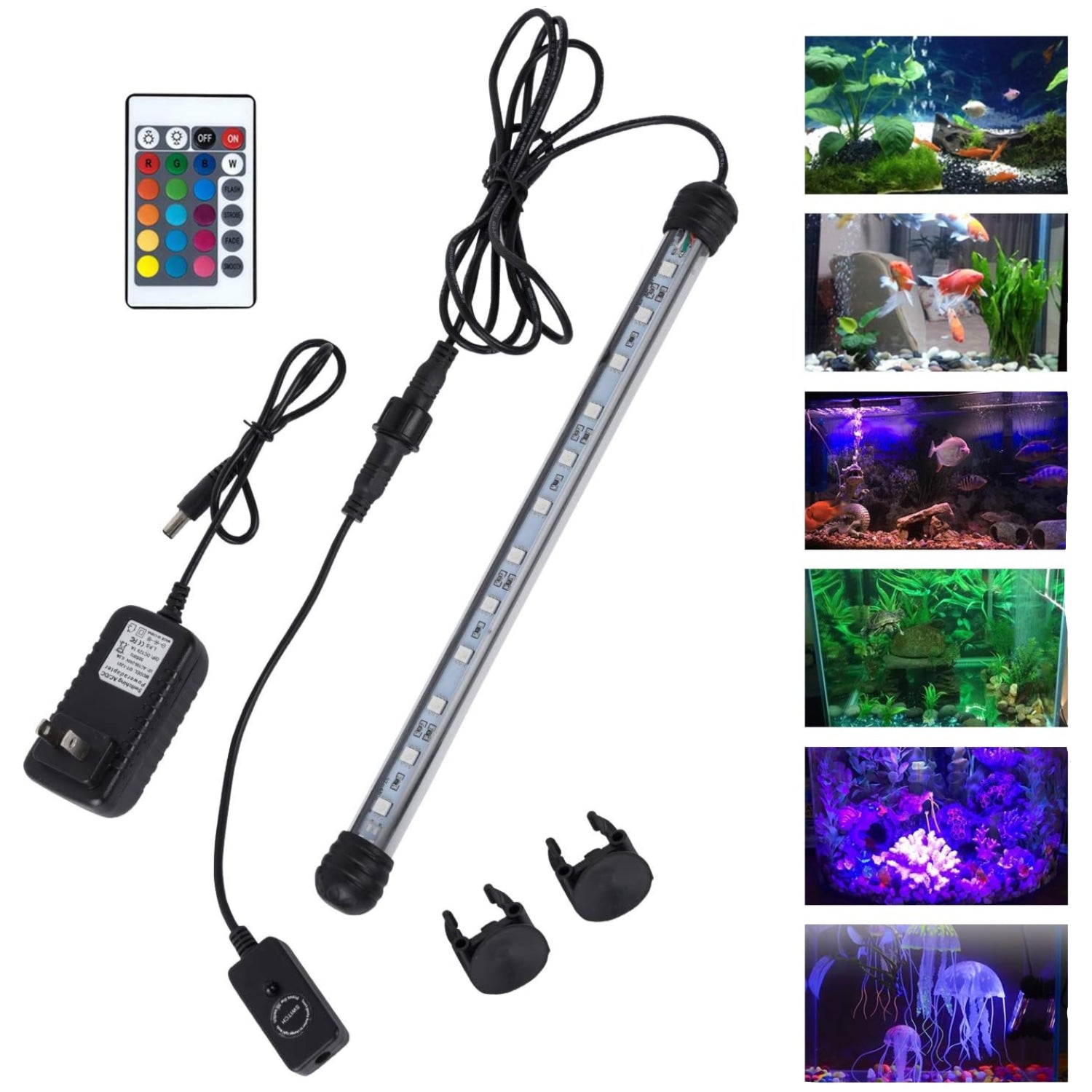 MQ 8-inch submersible LED aquarium light with 1.2W color-changing feature for fish tanks, showcasing vibrant lighting in the water.