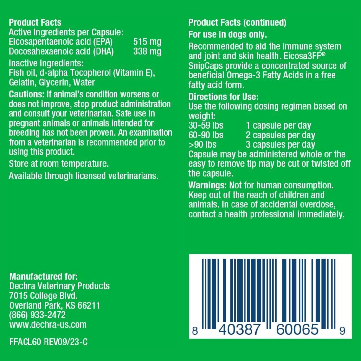 Eicosa3FF SnipCaps Omega 3 free fatty acid capsules for dogs, large size, 60 count, in a clear bottle with label.