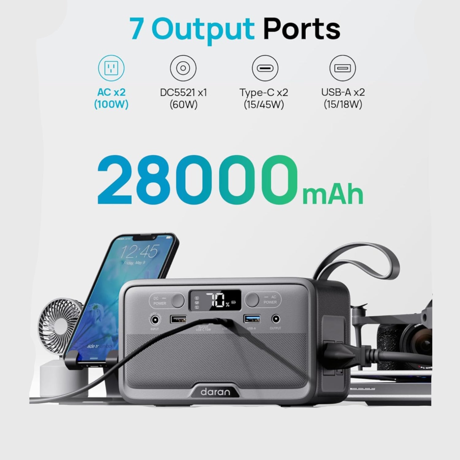 Power bank with 7 output ports and 28000mAh capacity on a white background