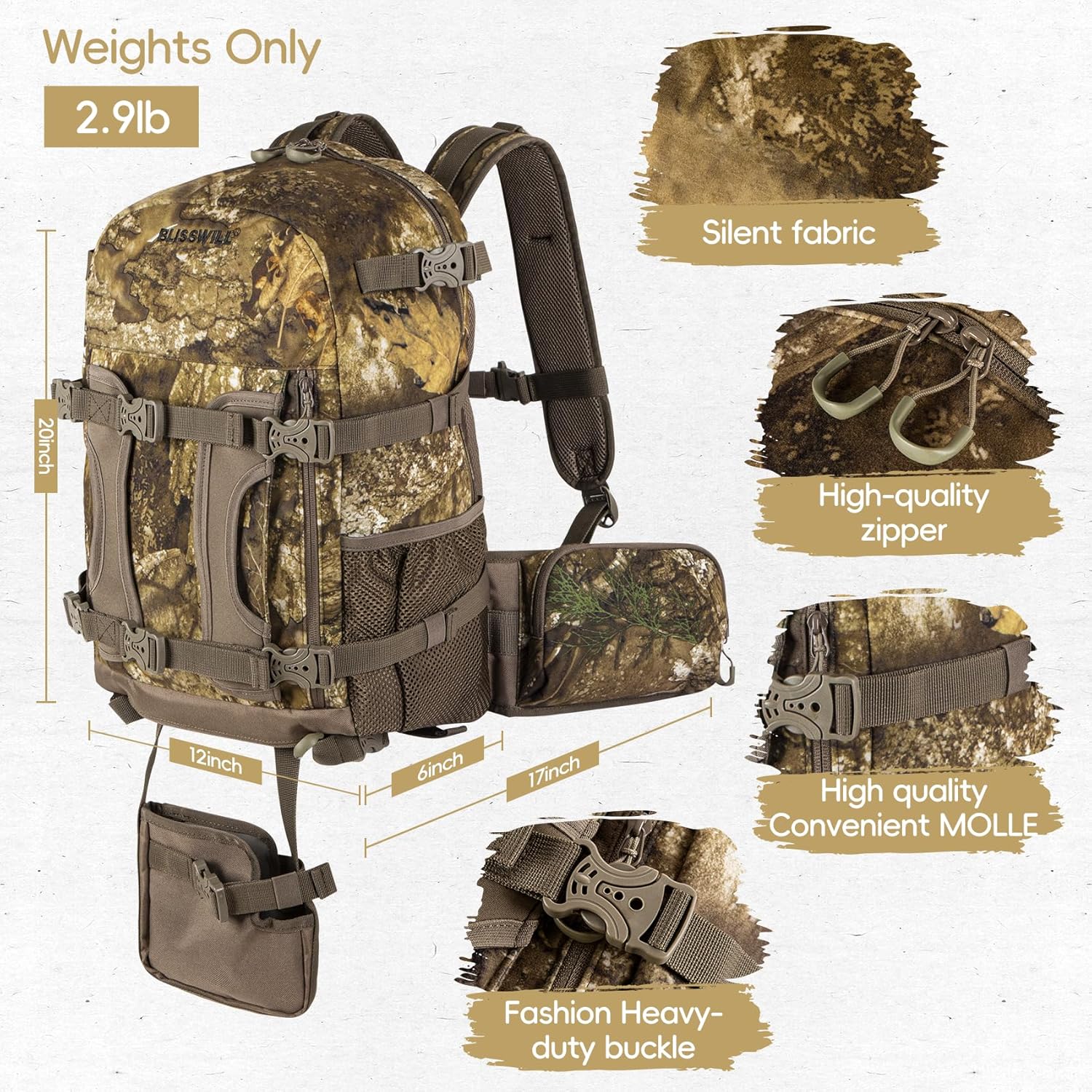 BLISSWILL Hunting Backpack Hunting Day Pack with rifle holder Hunting Gear