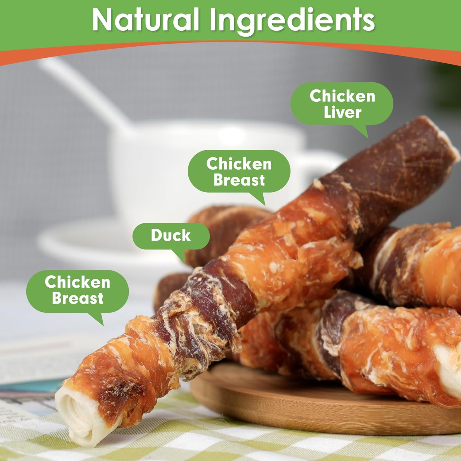 MON2SUN dog treats in triple flavor with 6-inch chicken liver, duck, and chicken wrapped treats for dogs.