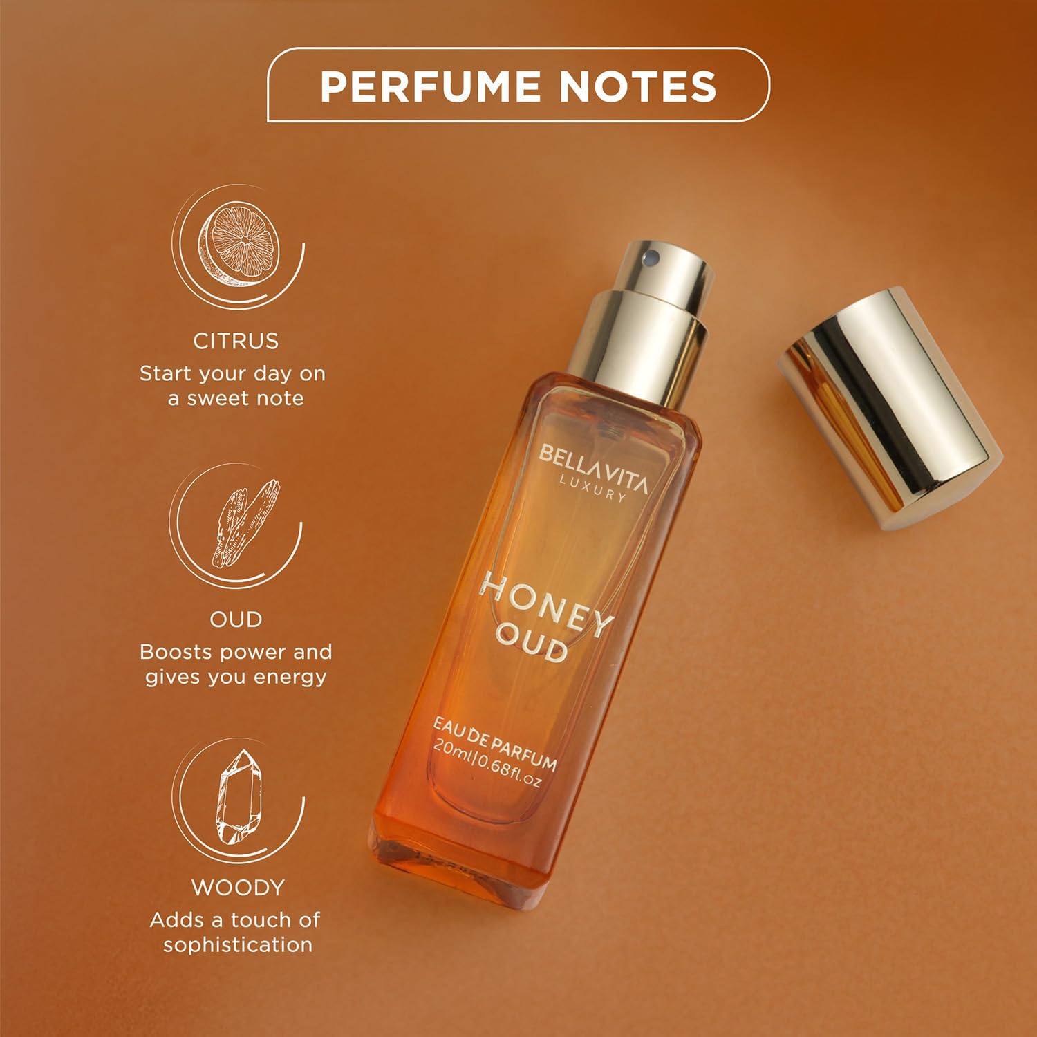 Bellavita Luxury Honey oud Eau de Parfum | 20 ml (0.7 fl.oz.) | Travel Size Perfume