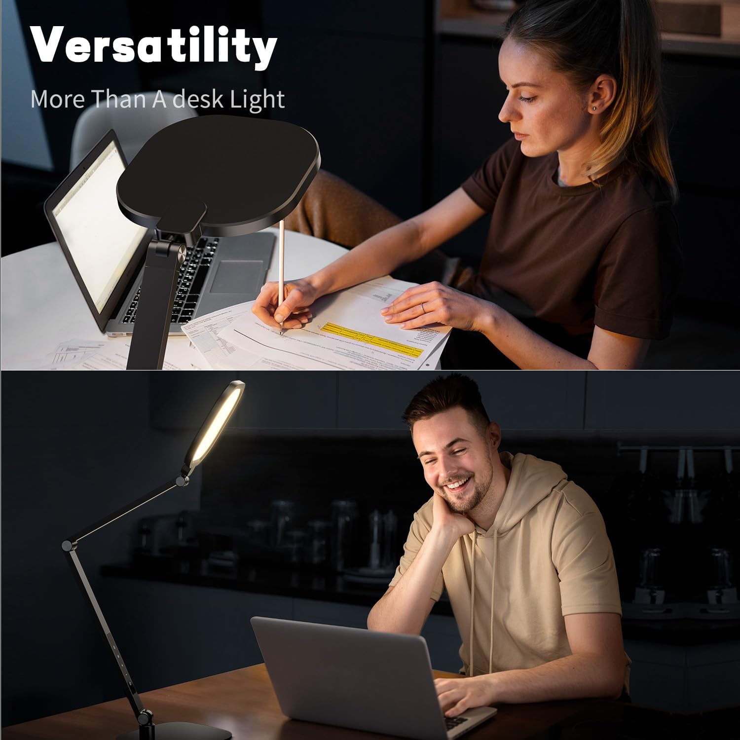 LitONES LED desk lamp for home office with soft diffused light and dimmable feature, designed for eye care and adjustable brightness.