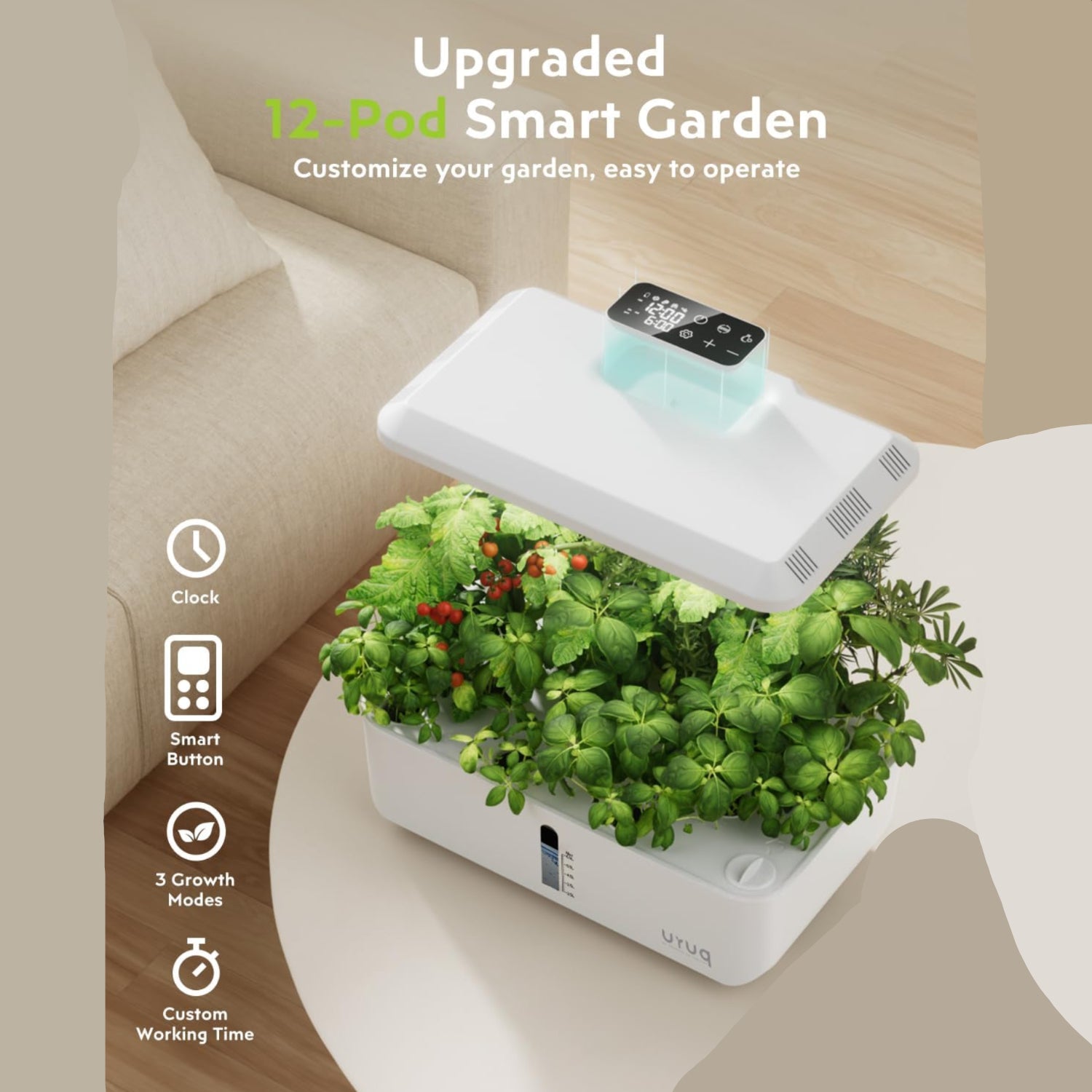 URUQ hydroponics indoor gardening system with 12 pods, compact and efficient for home vegetable and herb growth.