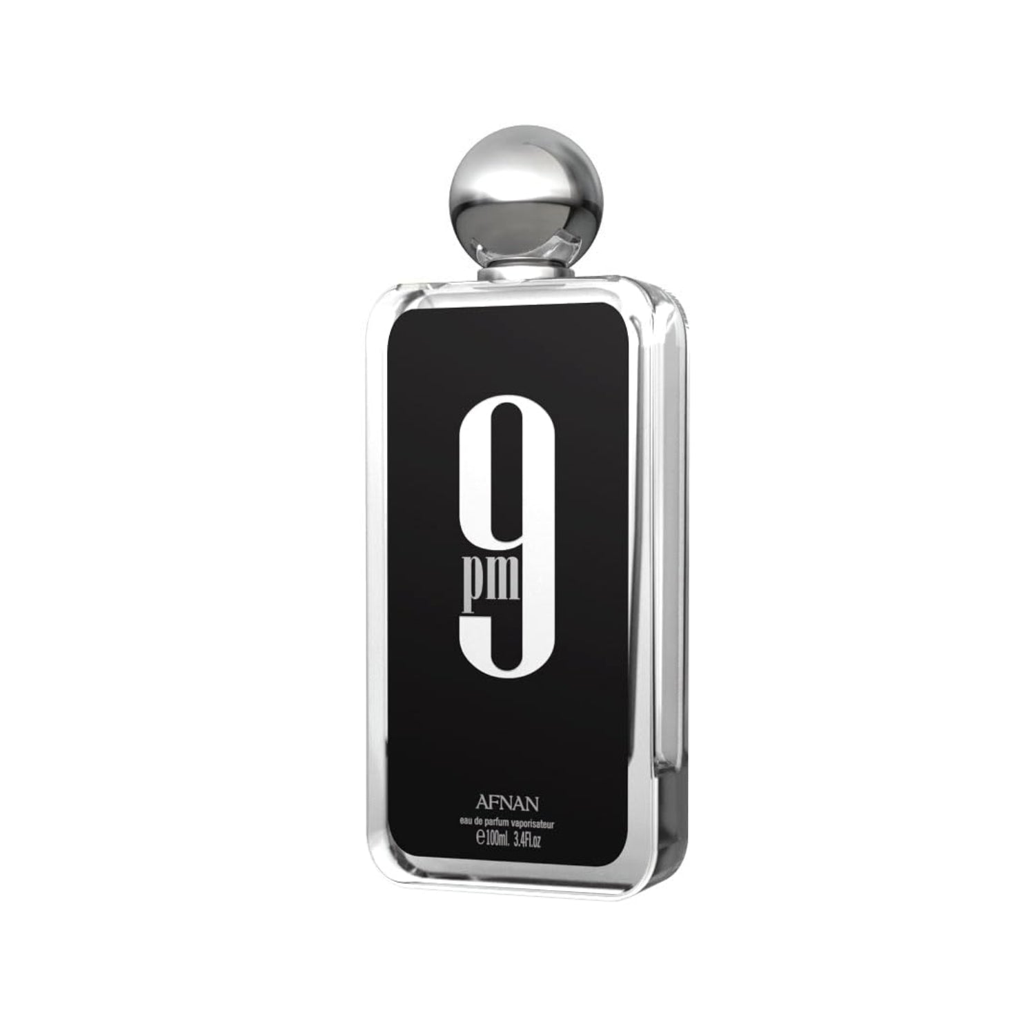 Afnan 9 PM For Men Eau De Parfum bottle, 3.4 fl oz, featuring a sleek design and dark fragrance liquid inside.