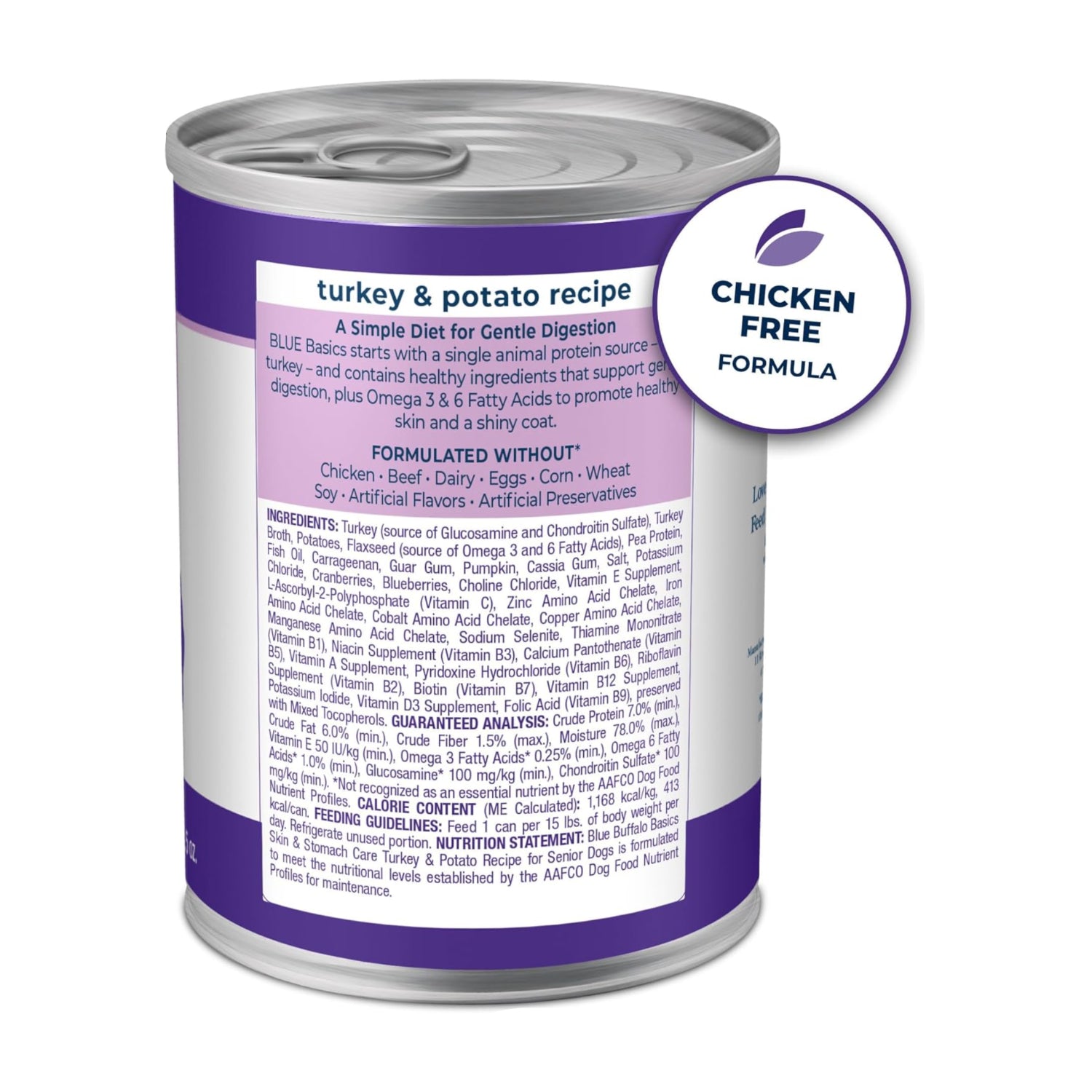 Blue Buffalo Basics grain-free senior wet dog food with skin and stomach care, featuring chunks of dog food in a bowl
