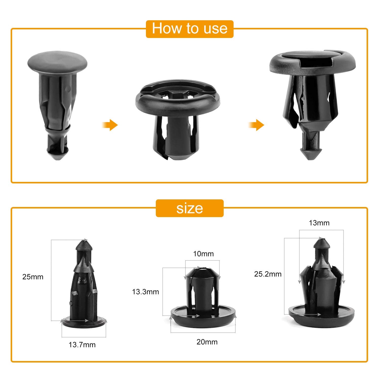 Set of 40 GOOACC GRC-08 Honda and Acura Fender Clips, 10mm size, shown in a close-up image with multiple clips laid out.