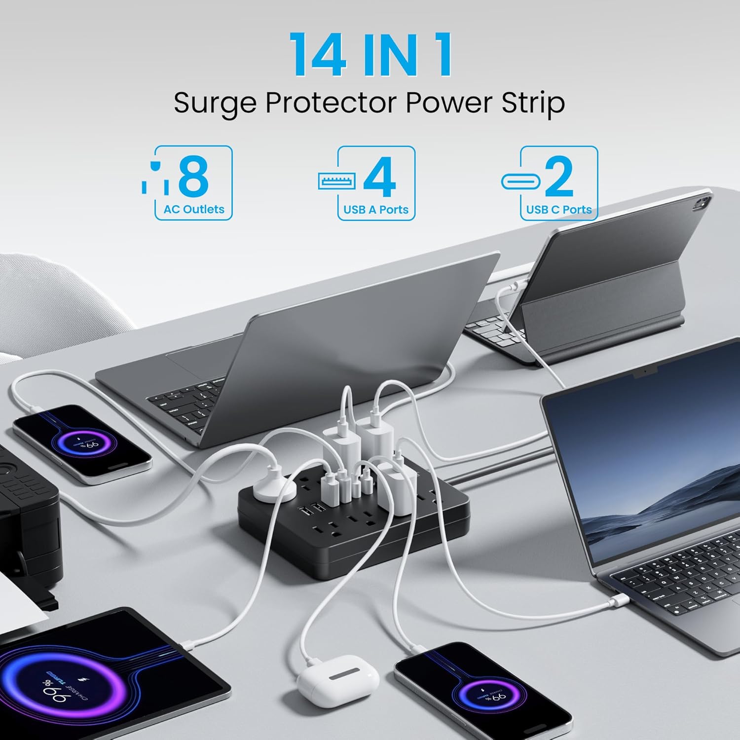 Surge Protector Power Strip, 8 Outlets(1250W/10A), 6 USB Charging Ports(2 USB C), 6FT