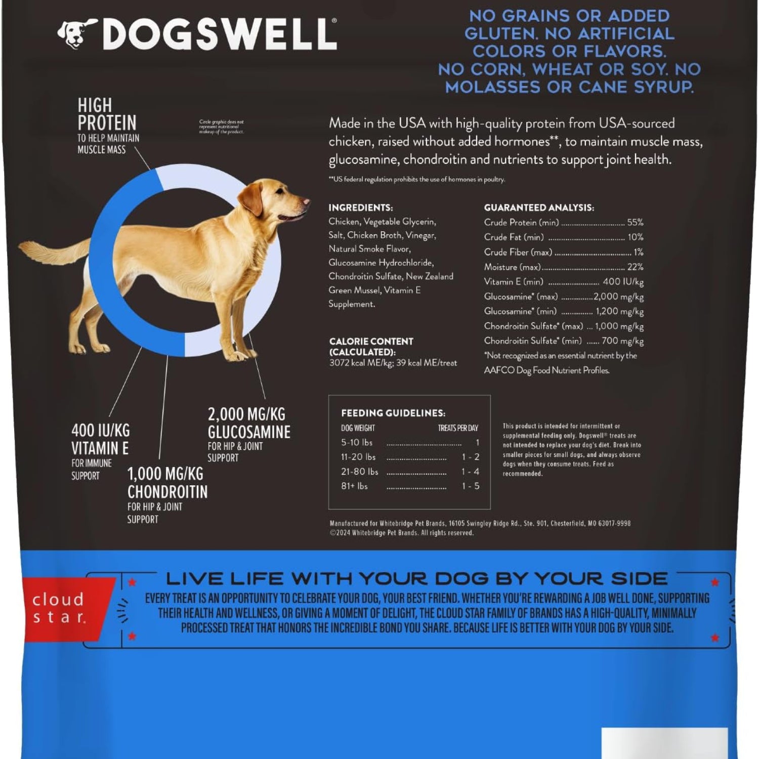 Dogswell grain-free Hip and Joint dog treats in a resealable bag, made in the USA, with images of dogs and treat pieces.
