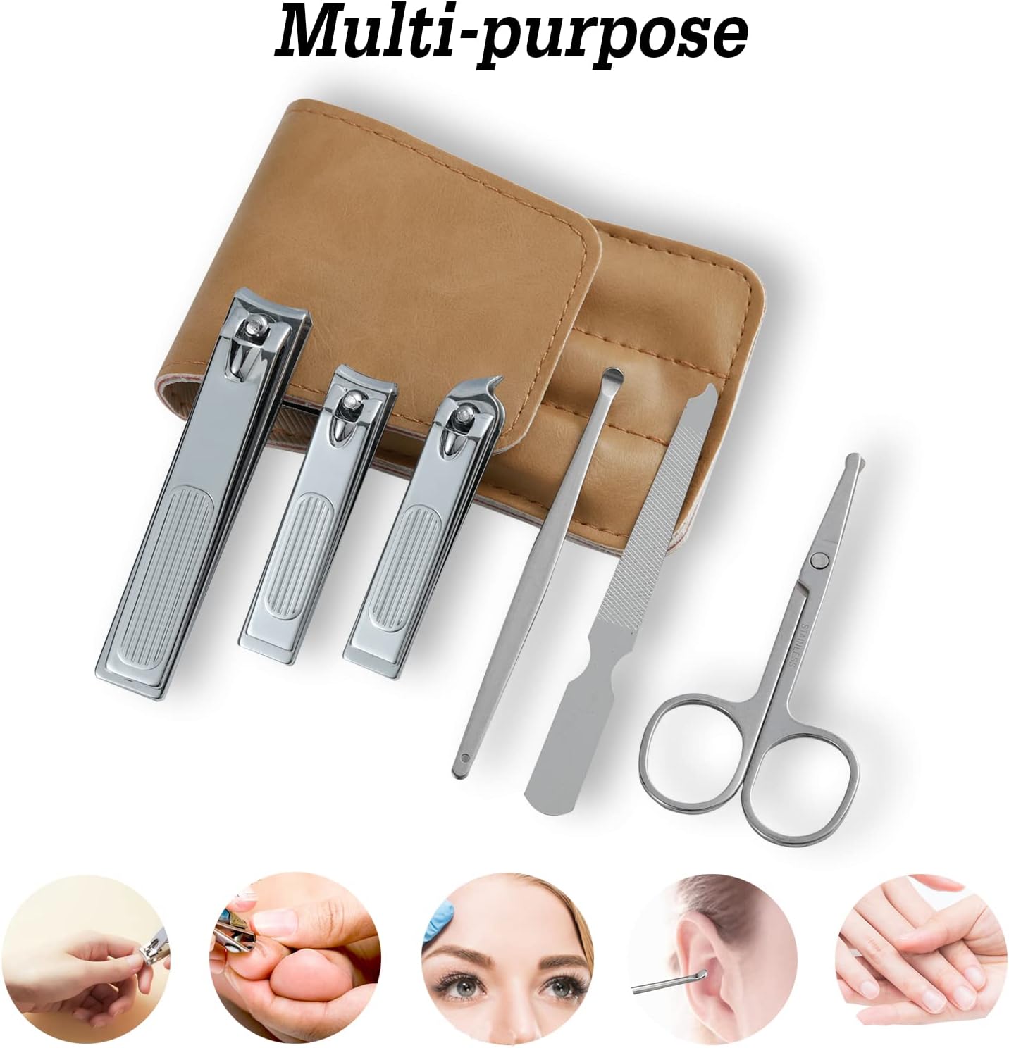 Set of six stainless steel nail clippers including toenail and fingernail clippers from atimier, arranged on a white background.