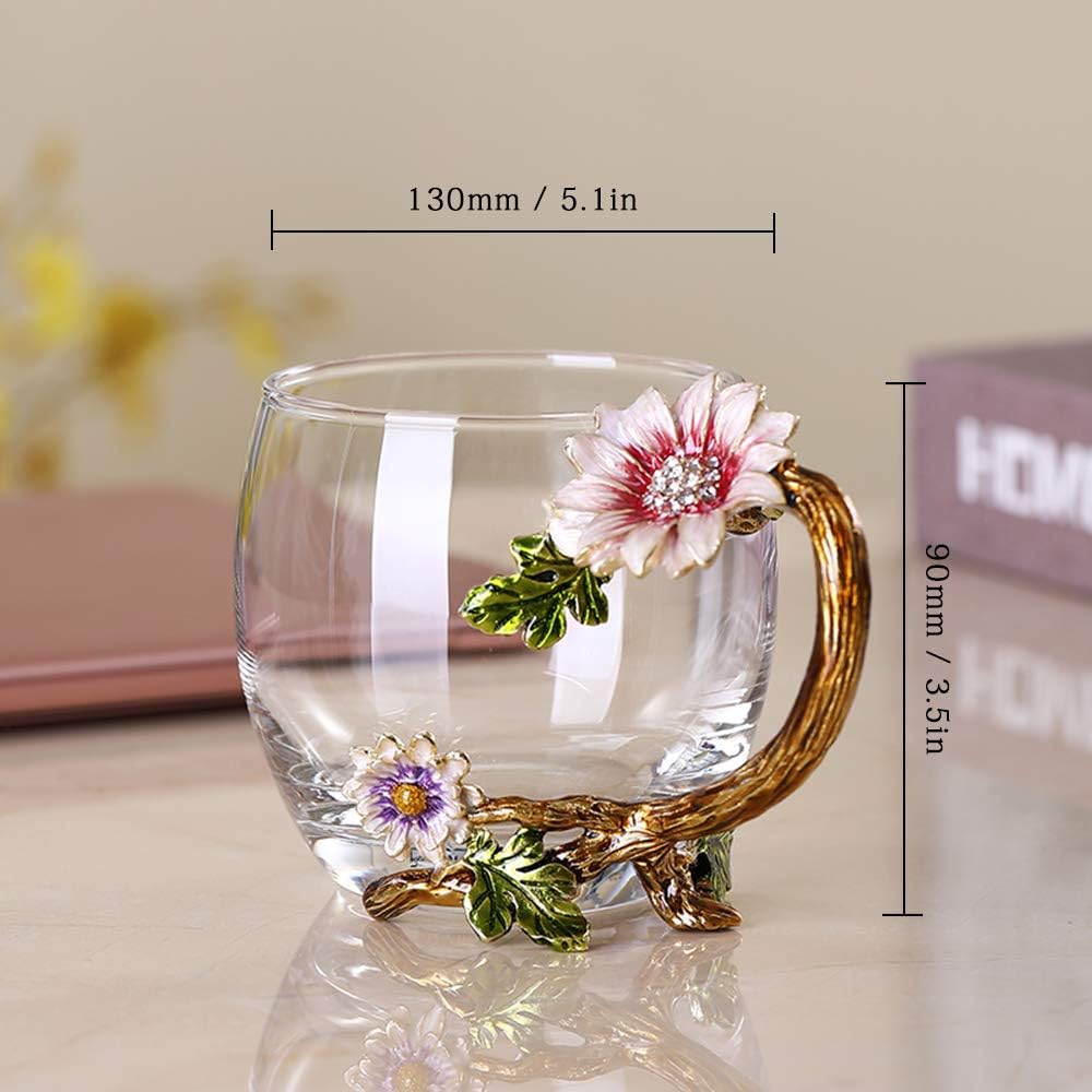 JY-Danbady enamel sunflower crystal glass tea cup with matching spoon set, featuring vibrant sunflower design and lead-free craftsmanship.
