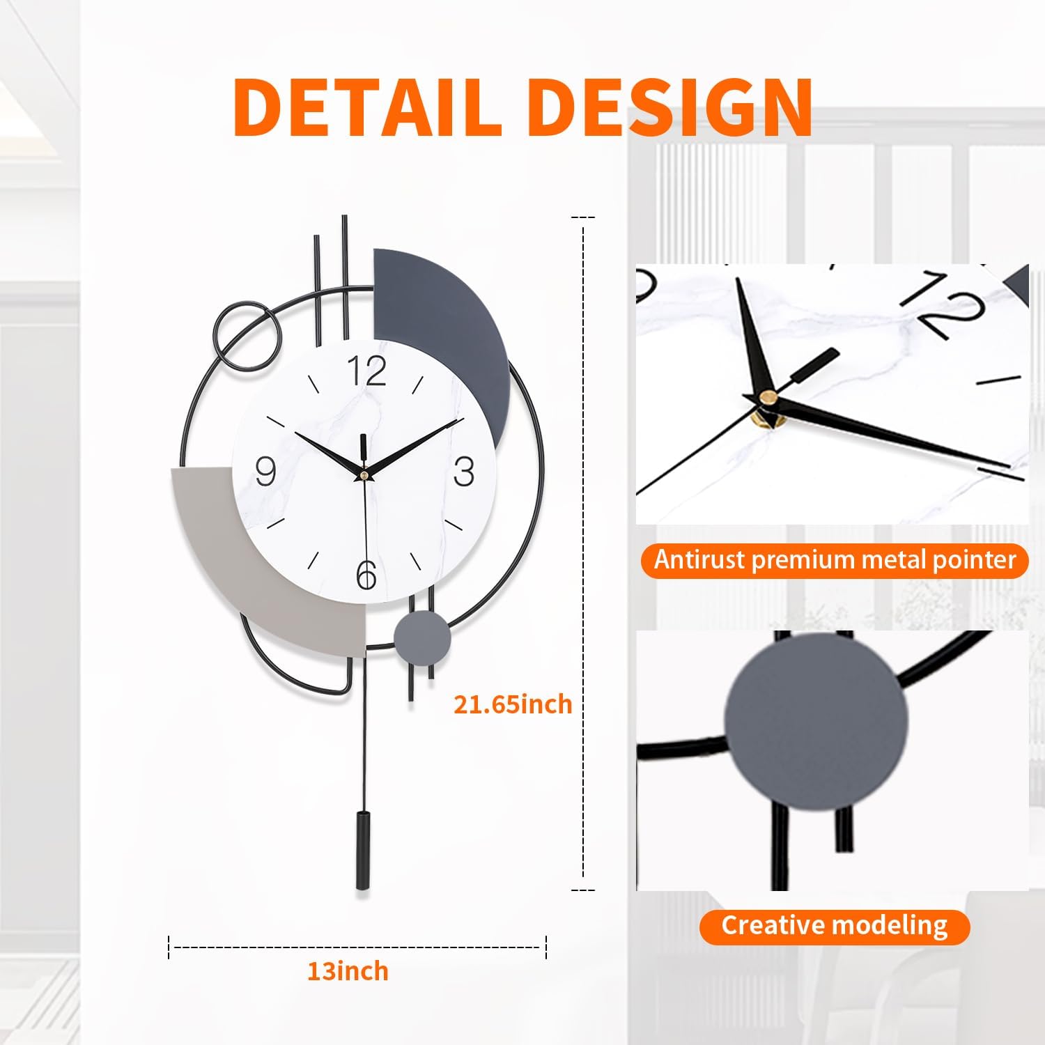 Dankeit large wall clock with silent quartz movement and pendulum, battery-operated, ideal for modern home or office decor