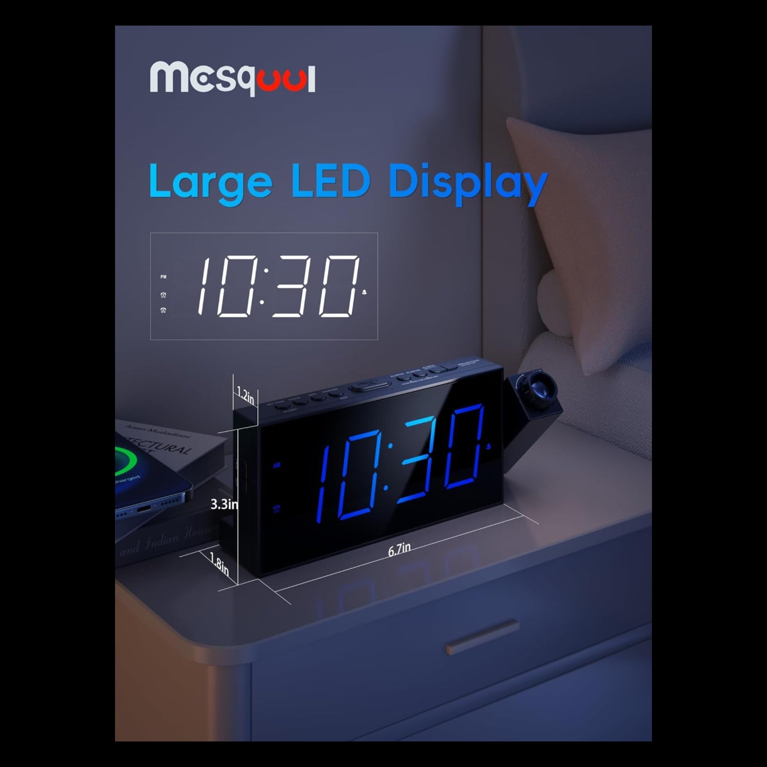 Mesqool digital projection alarm clock with large LED display and 180° rotatable projector for bedrooms.