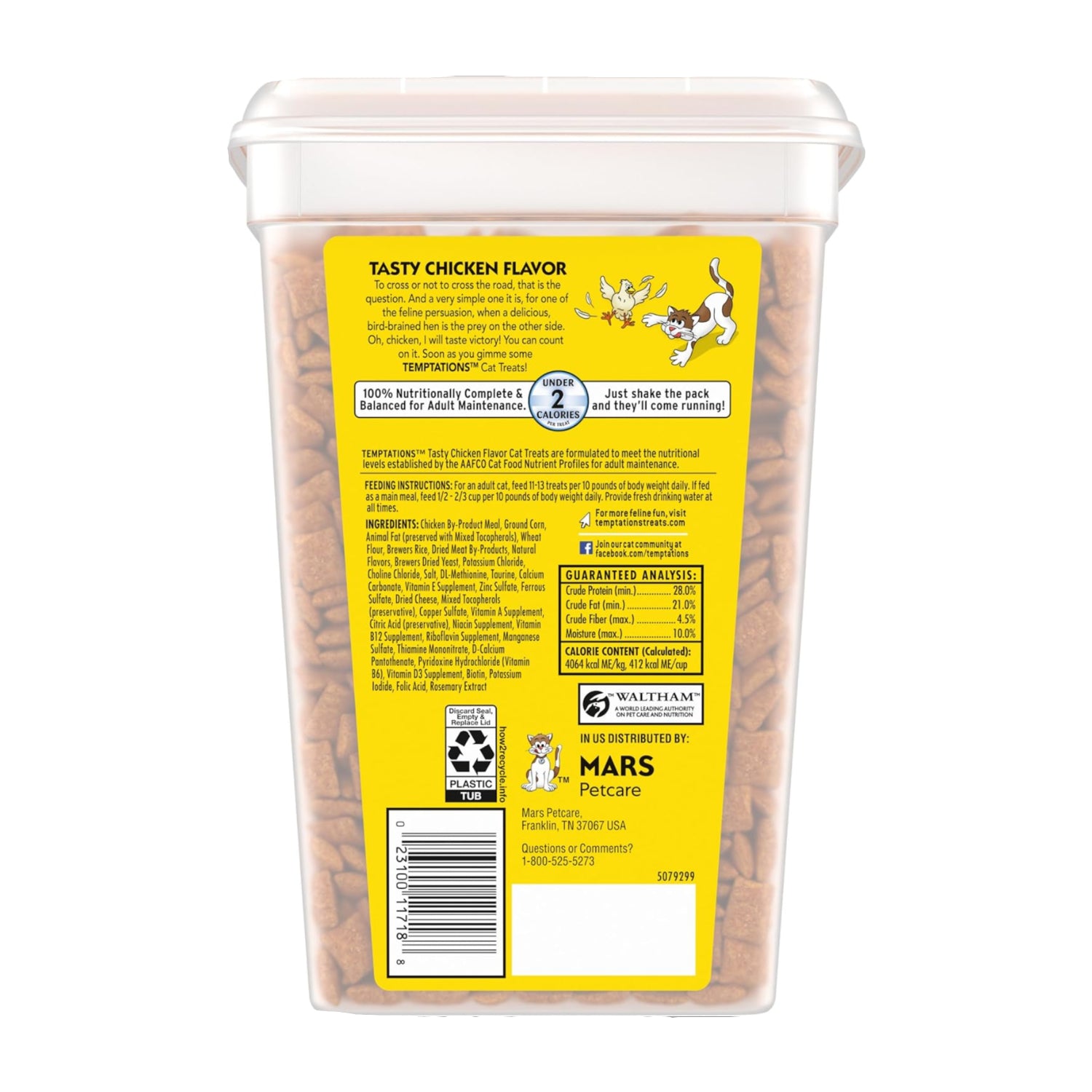 Temptations Cat Treats Classic Crunchy and Soft Chicken Flavor in a 30 oz. tub, showing colorful treats inside