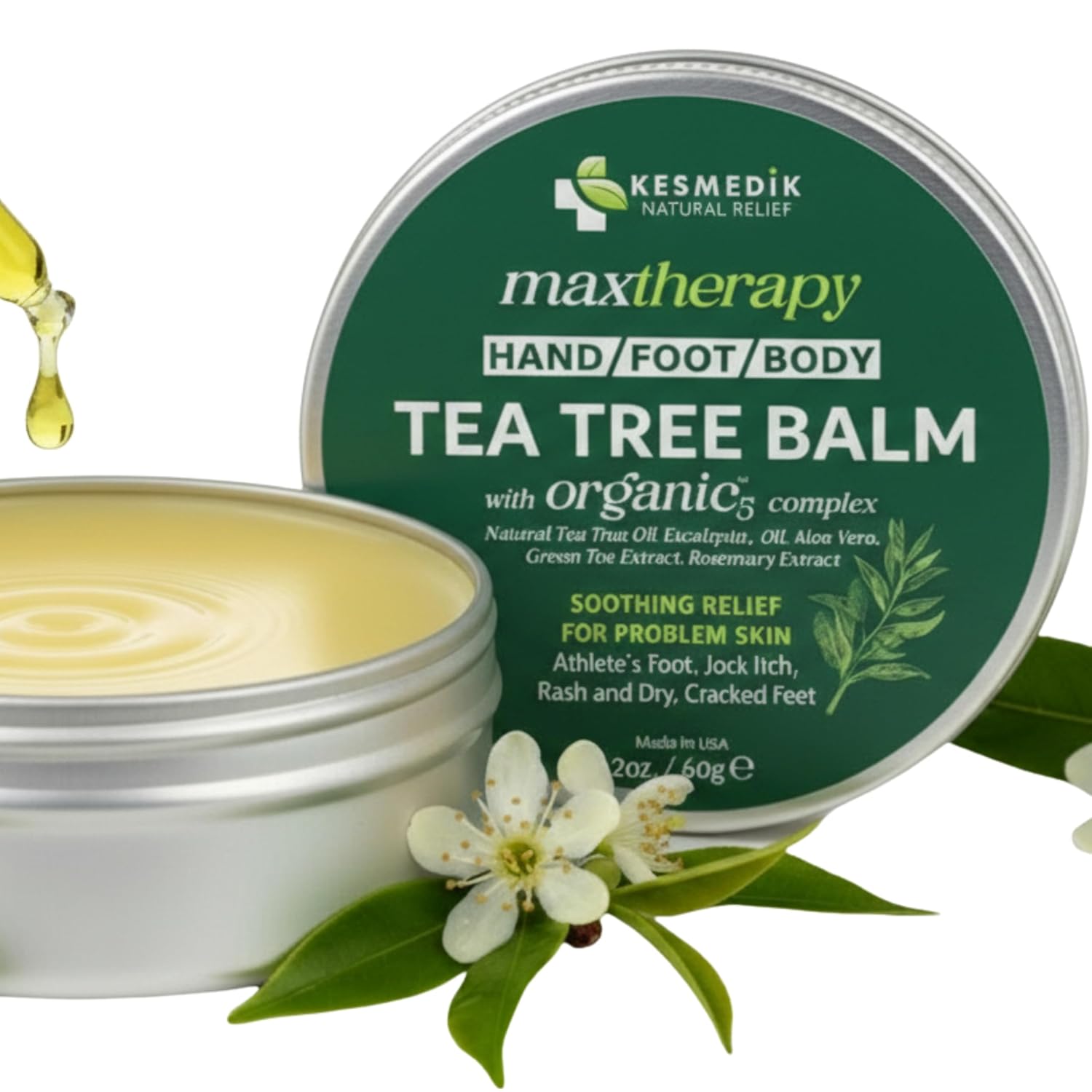 Tea Tree Oil Balm for Skin, Soothes Itching, Rashes & Dry Skin, Antifungal