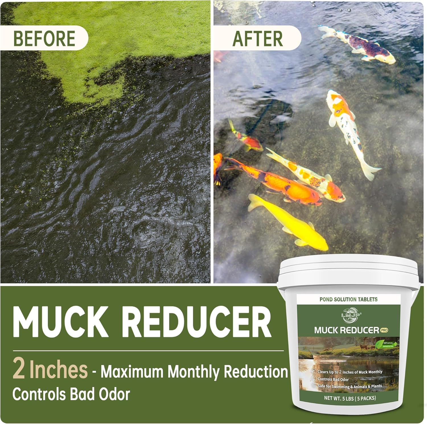 LMJP Muck Reducer 5LB natural sludge solution tablets for ponds and lakes, showing the product packaging and tablets.
