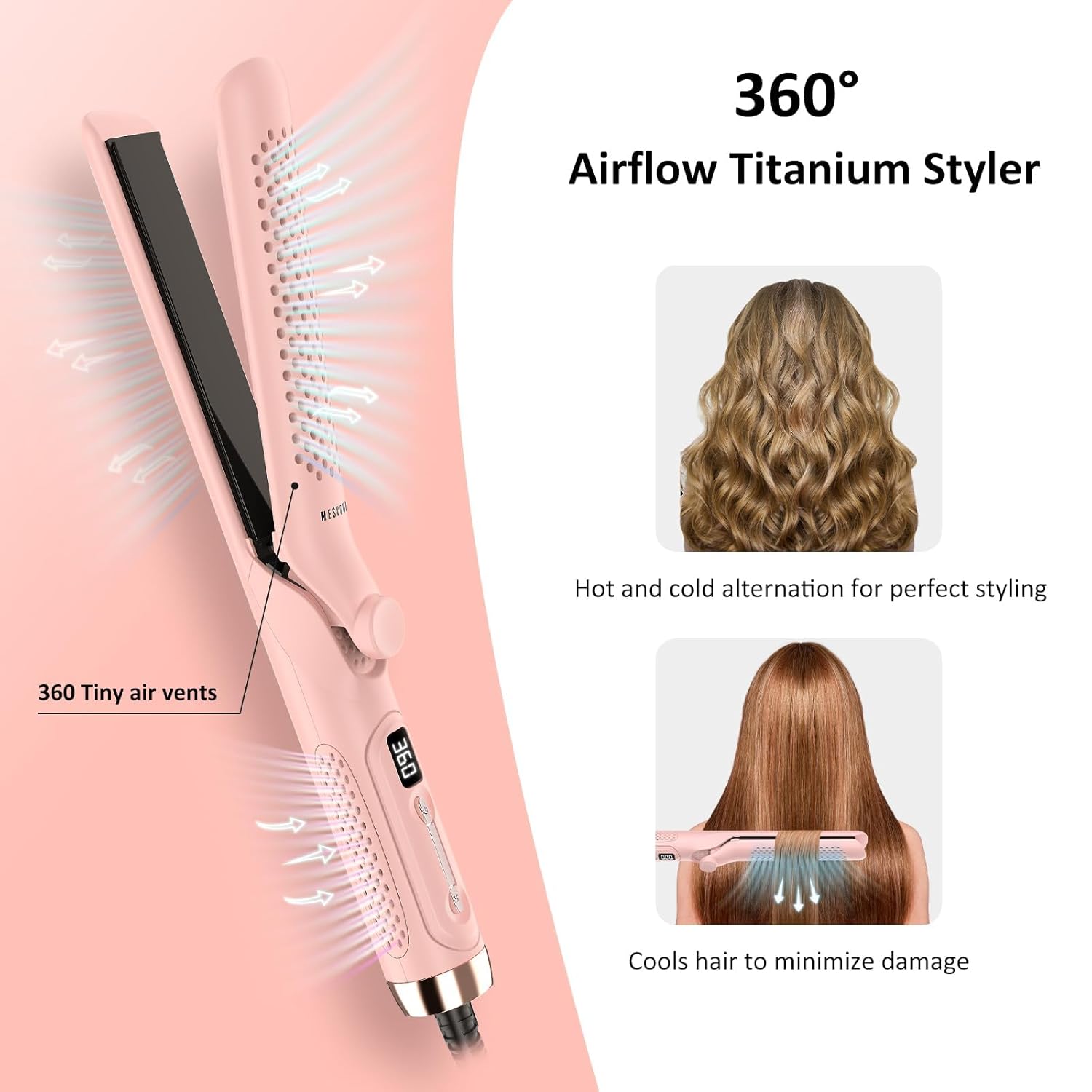 MESCOMB 360° Airflow Styler curling iron and hair straightener, 1.25-inch dual-purpose hair curler and straightener in black
