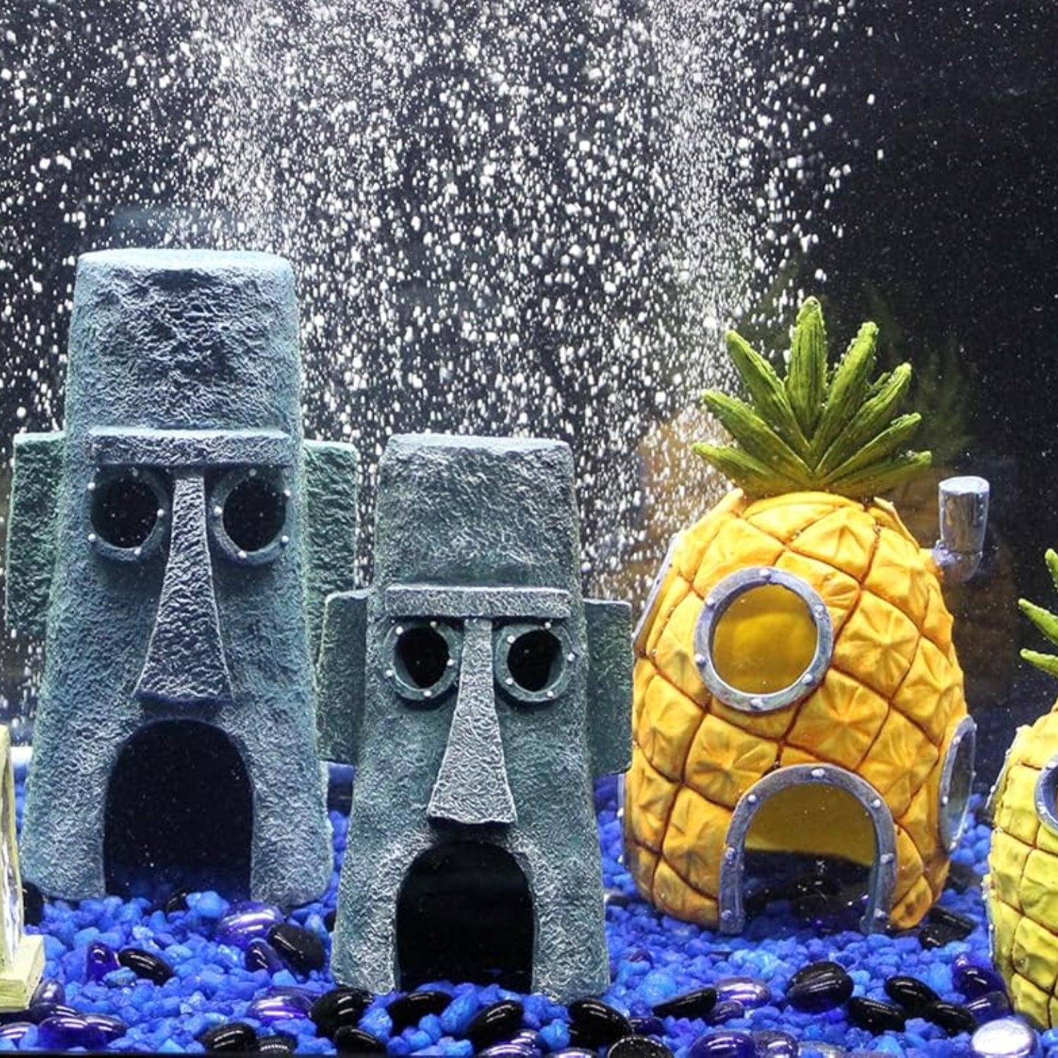 Penn-Plax Spongebob Squarepants official aquarium with colorful Spongebob-themed decorations inside.