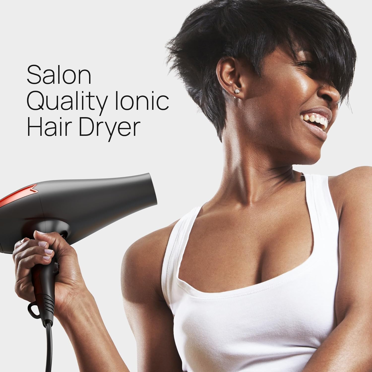 TREZORO Professional hair dryer with ionic ceramic tourmaline technology, showcasing the sleek black design and adjustable nozzle.