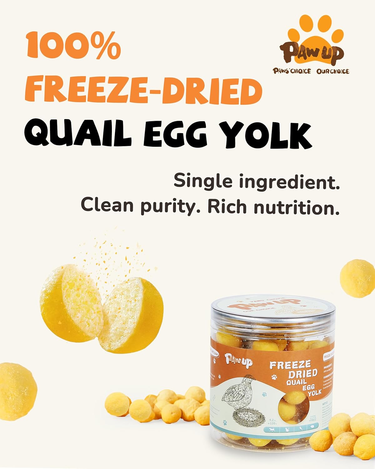 PAWUP Freeze Dried Quail Egg Yolk Pet Treats for dogs and cats, rawhide-free, 4.2 oz, showing the treat pieces in a bowl