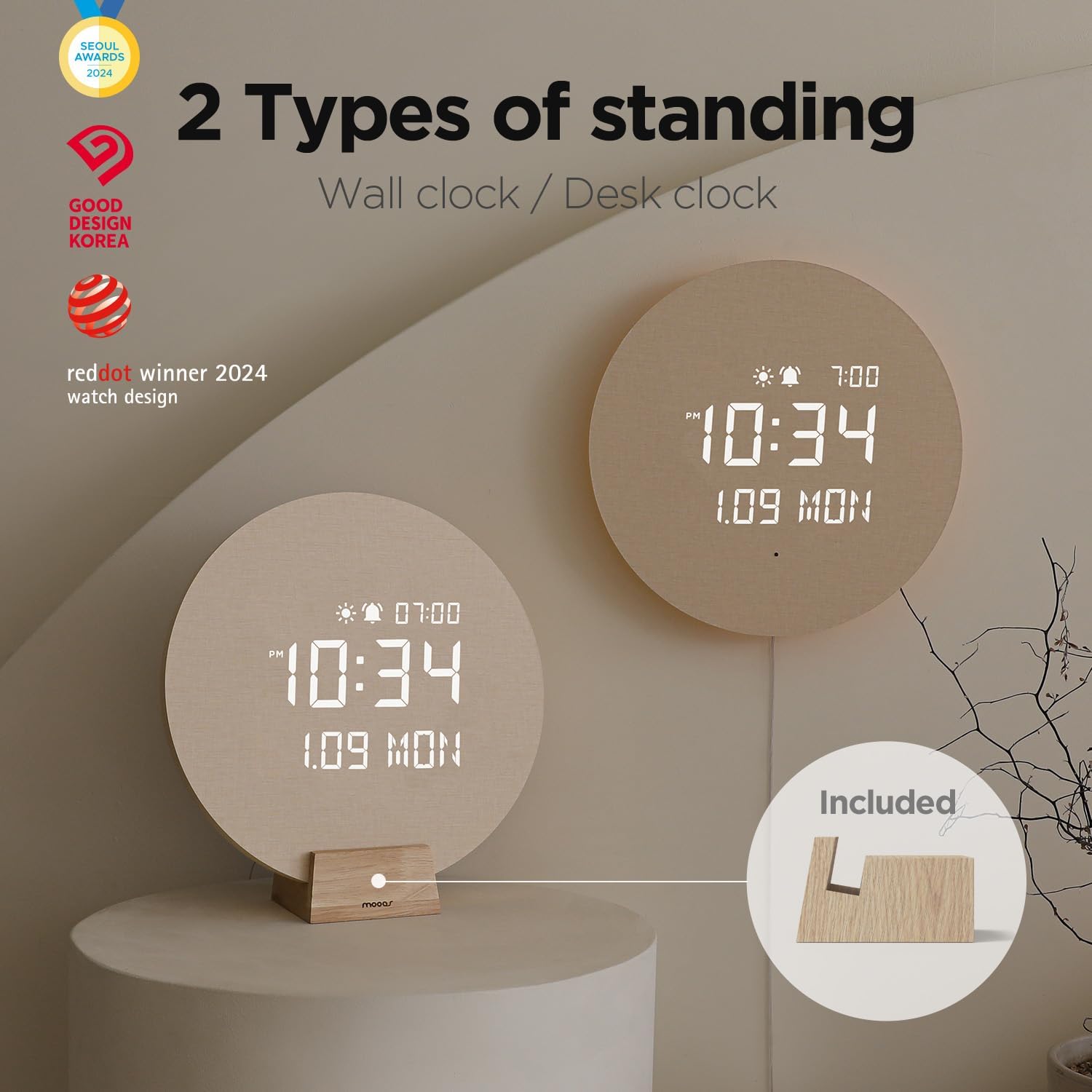 mooas Full Moon LED silent wooden digital wall clock with remote control showing time display and moon phase design.
