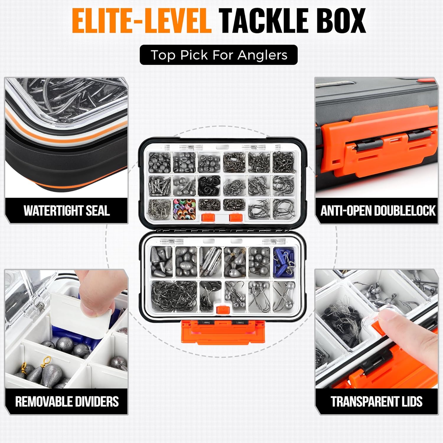 PLUSINNO fishing accessories kit with tackle box, including fishing lures, hooks, and tools for freshwater and saltwater fishing.