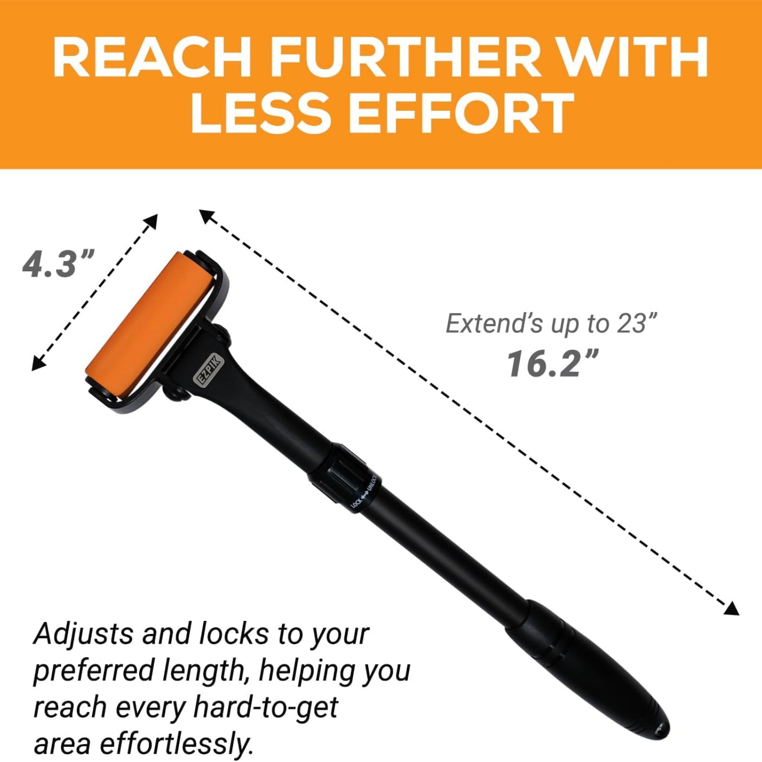 Extension tool with orange head and black handle, showing adjustable length on a white background with text.