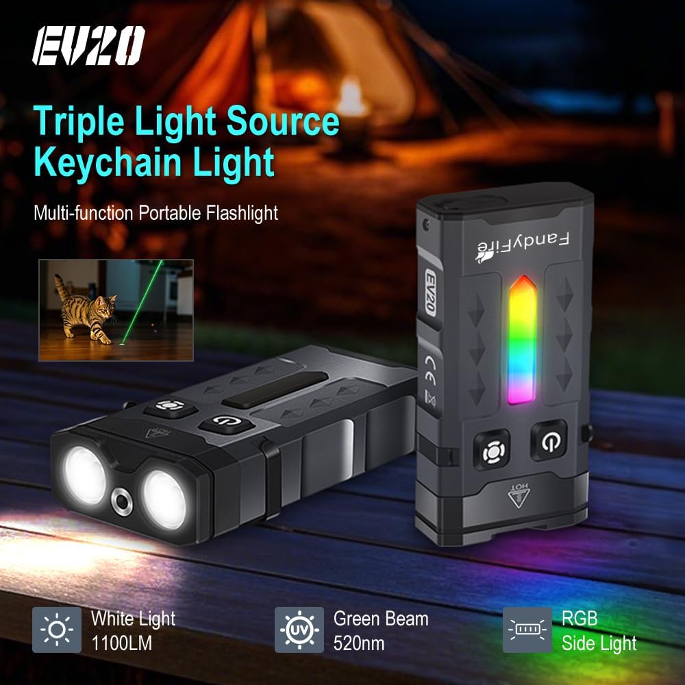 Fandylife triple light source keychain light with RGB side light feature, displayed against a camping background.