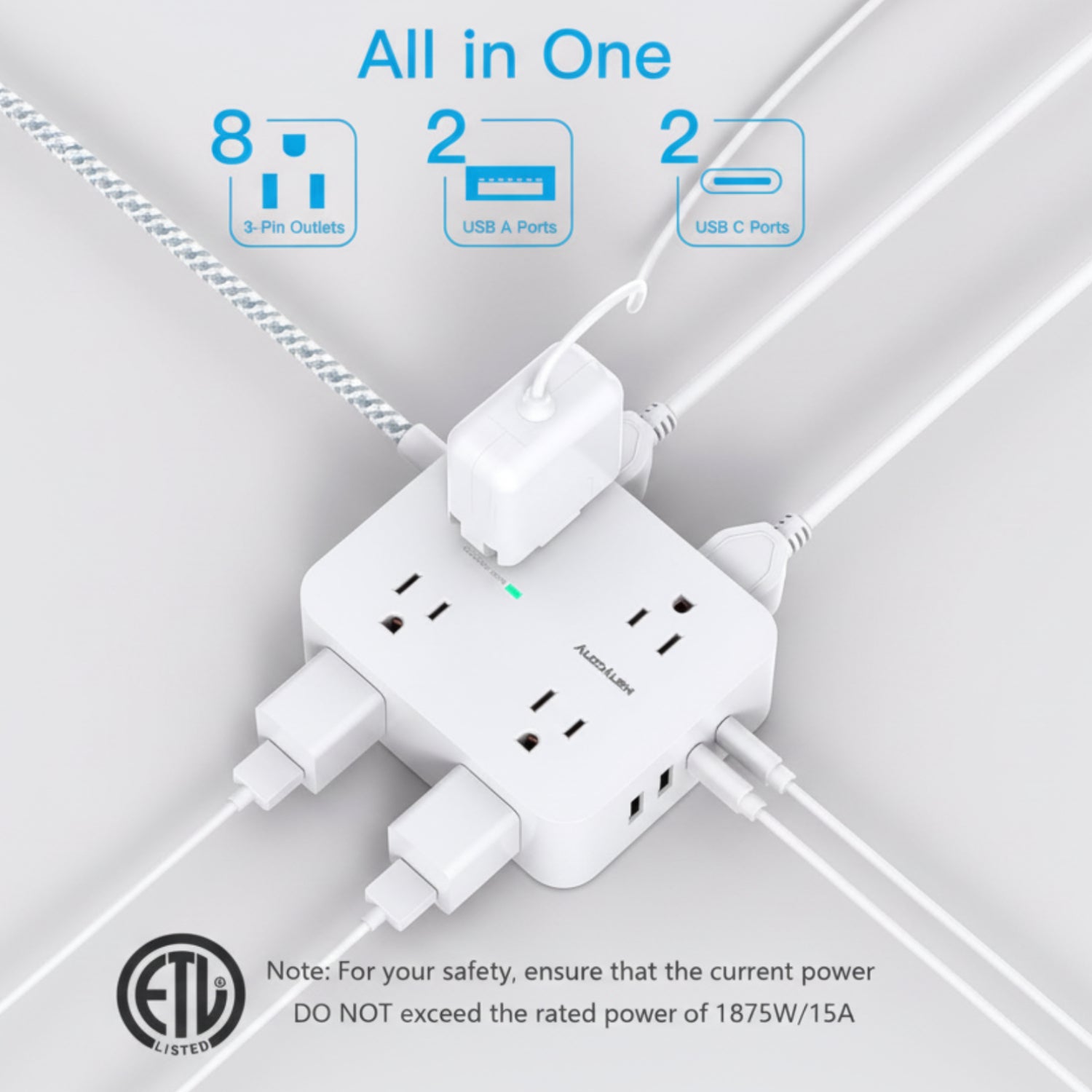 HANYCONY Surge Protector Power Strip with 8 outlets and 4 USB charging ports, including 2 USB-C ports for versatile device charging.