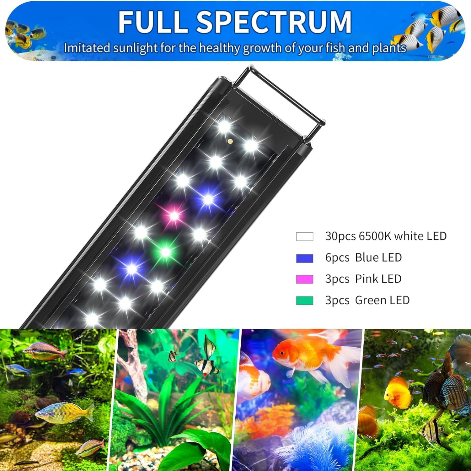 AQUANEAT full spectrum LED aquarium light for 18 to 24 inch tanks, showing the sleek, black fixture with multiple LED bulbs.