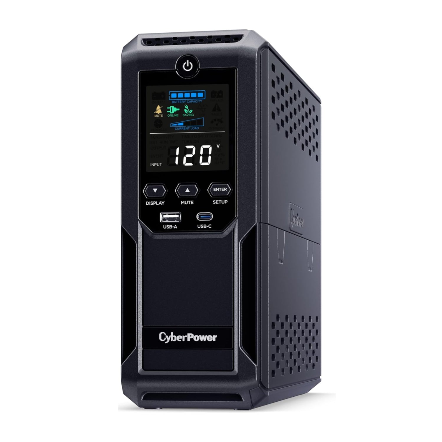 CyberPower UPS system with digital display on a white background