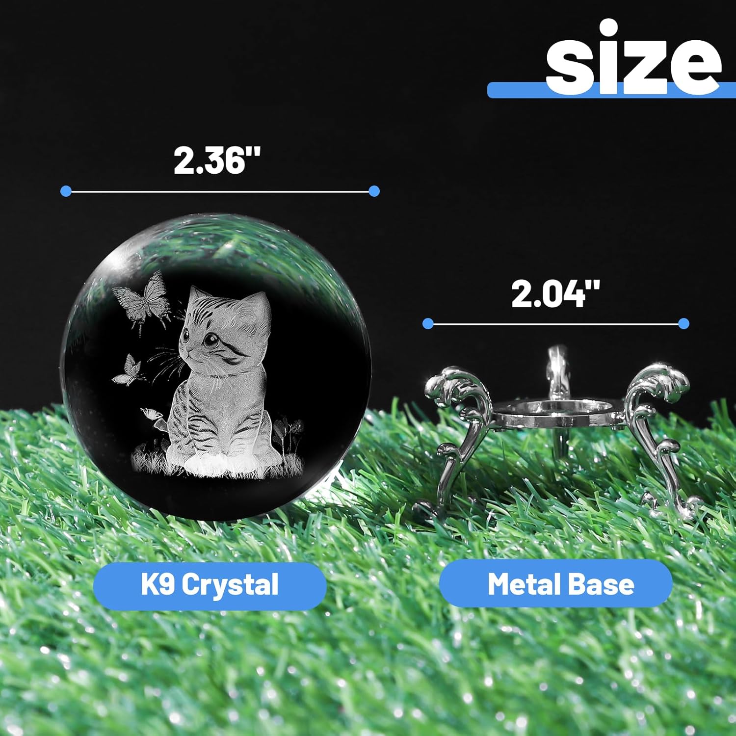 PYJ3DLAMP 3D Cat crystal ball with engraved glass sphere on stand, decorative paperweight featuring detailed cat design.